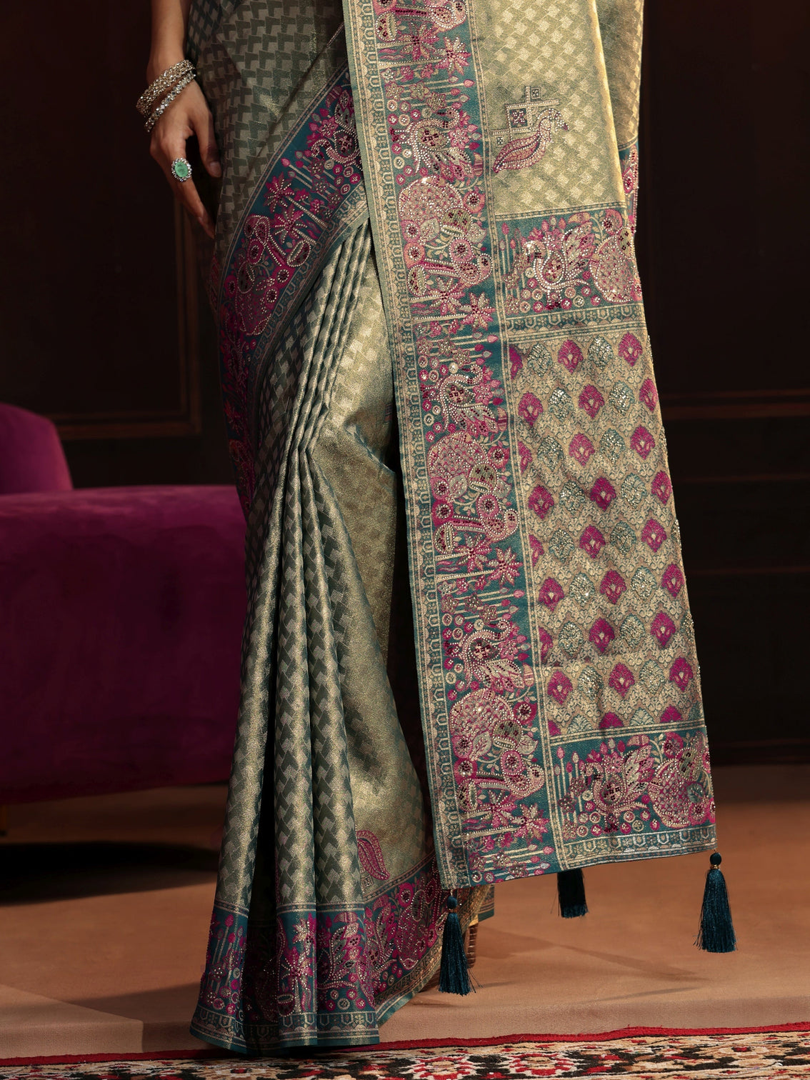 Mameraa Art Teal Green Woven Design Silk Blend Saree
