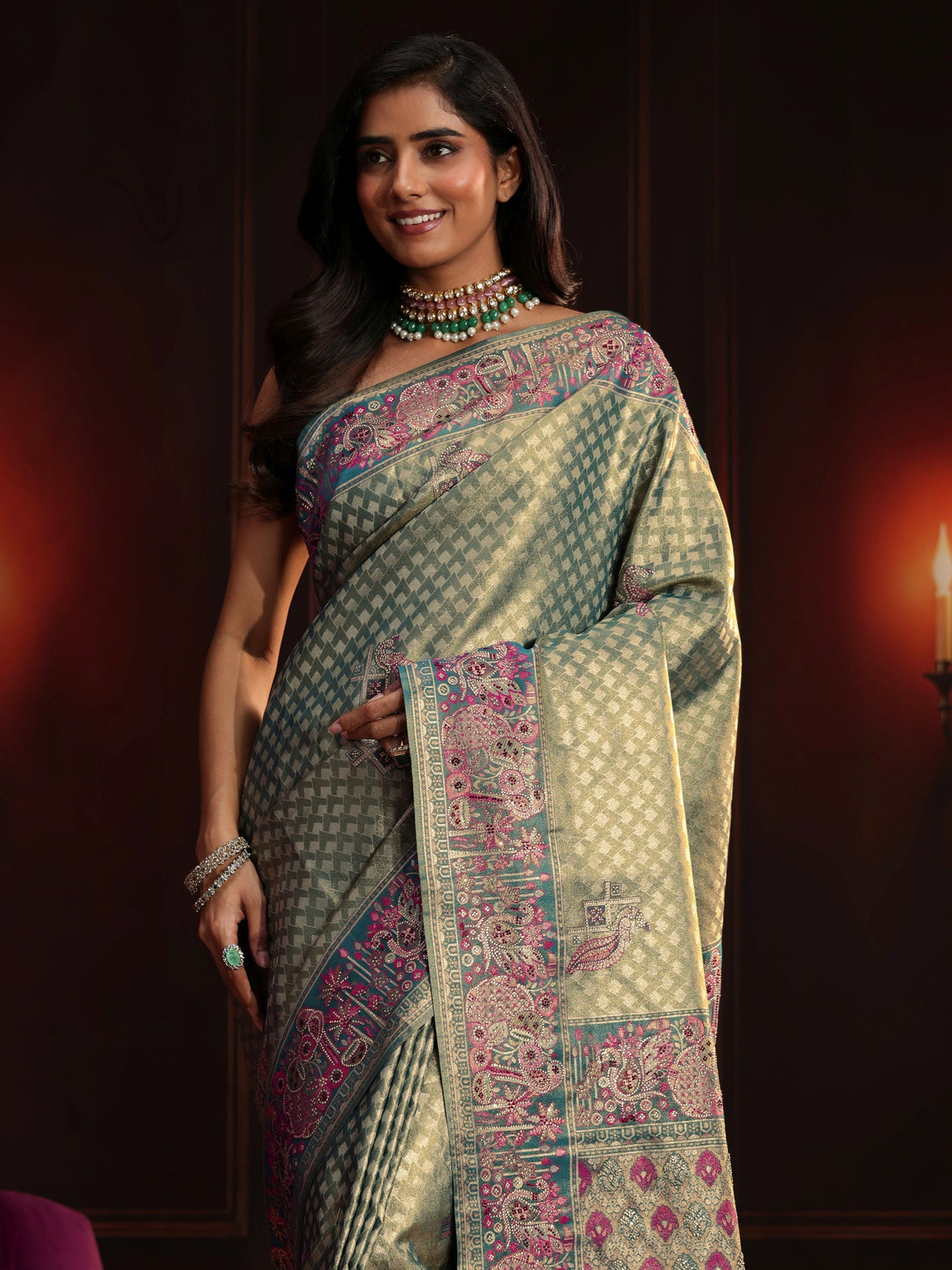 Mameraa Art Teal Green Woven Design Silk Blend Saree