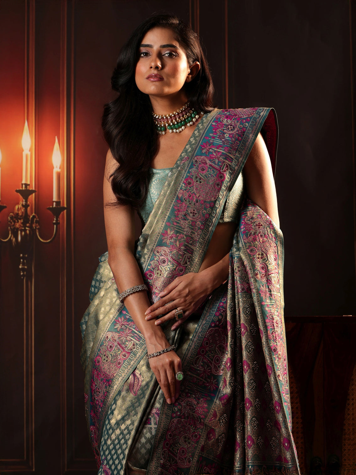 Mameraa Art Teal Green Woven Design Silk Blend Saree