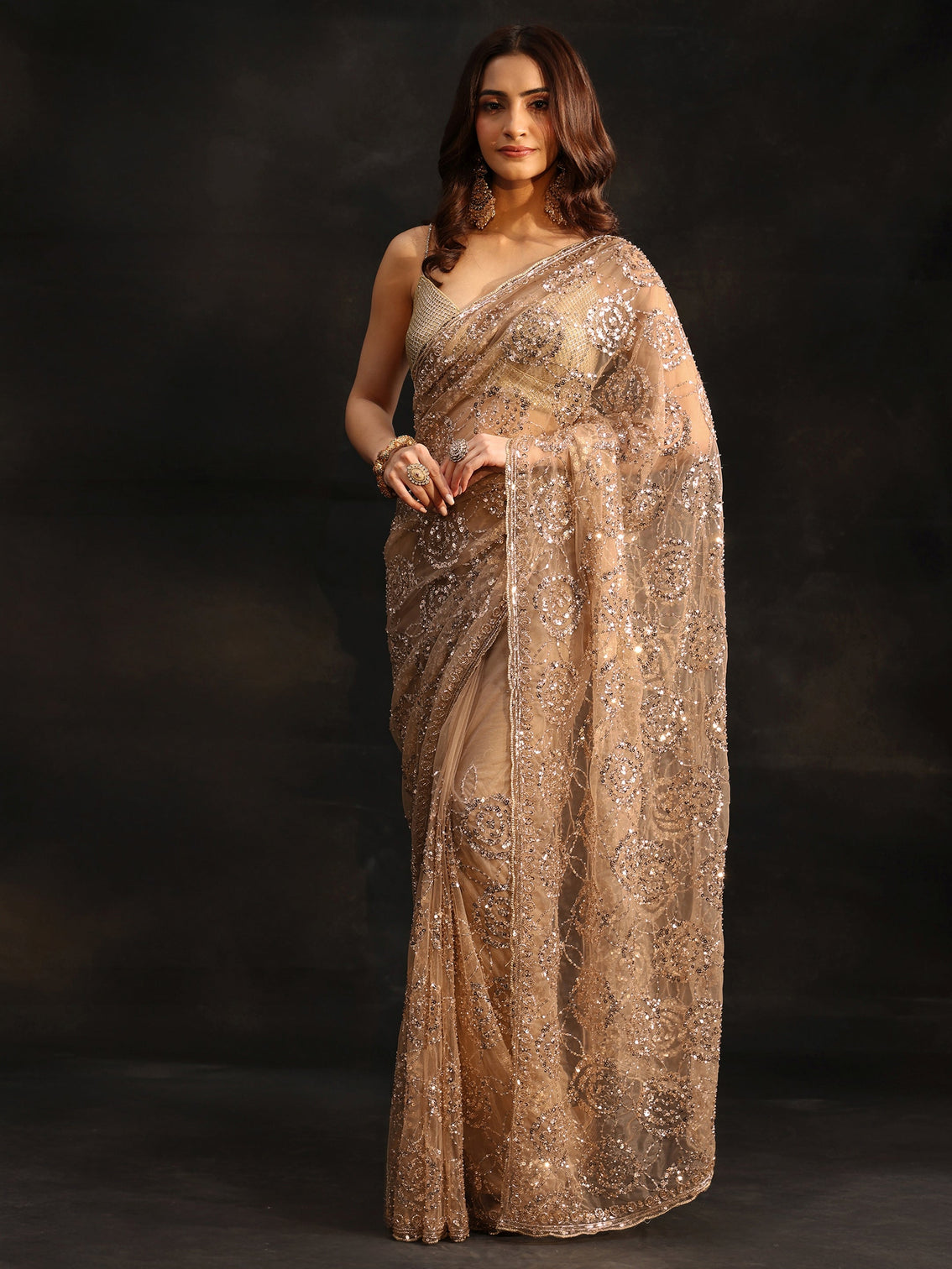 Mameraa Art Taupe Grey Sequinned Rosette Design Net Saree