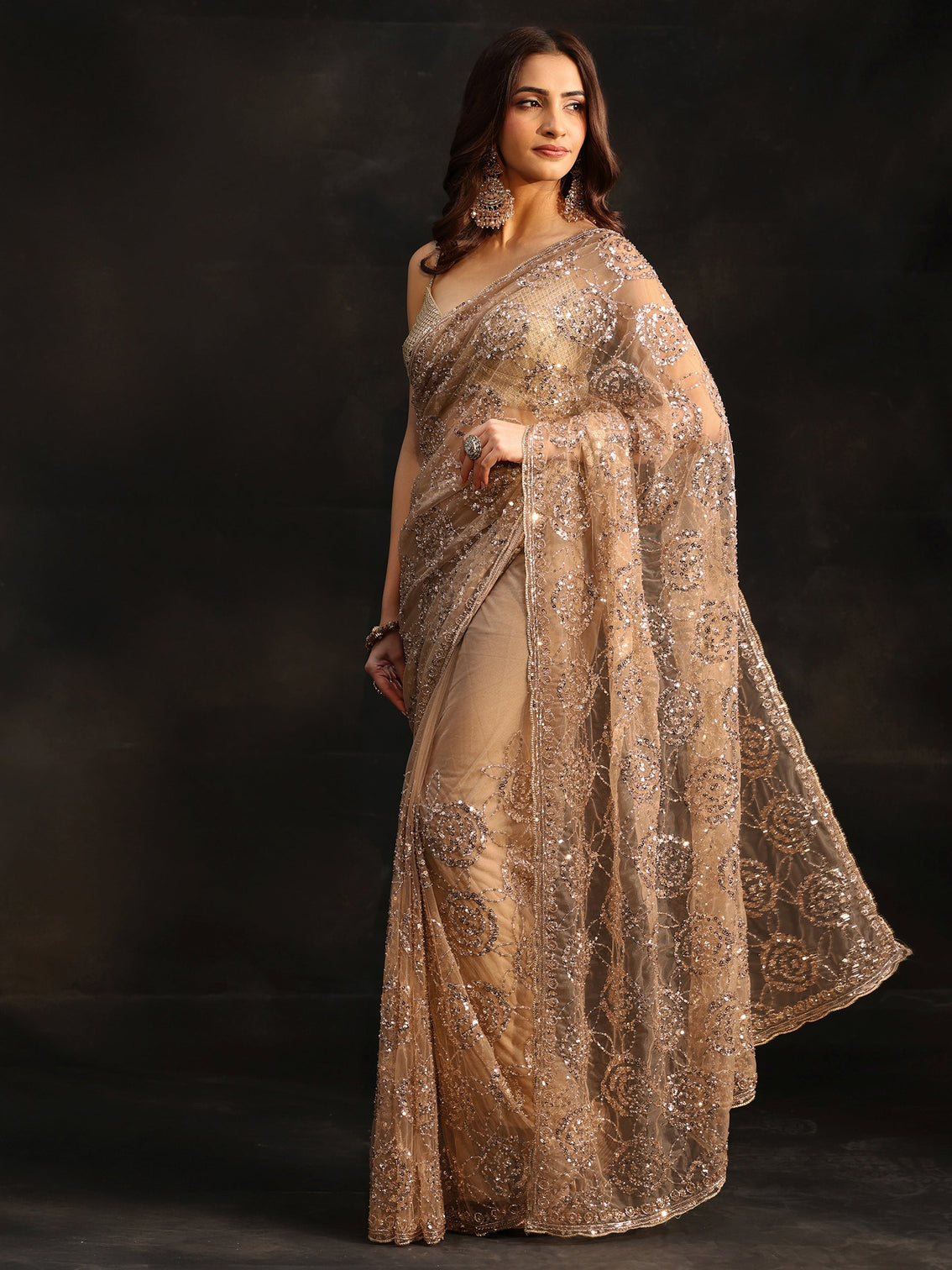 Mameraa Art Taupe Grey Sequinned Rosette Design Net Saree