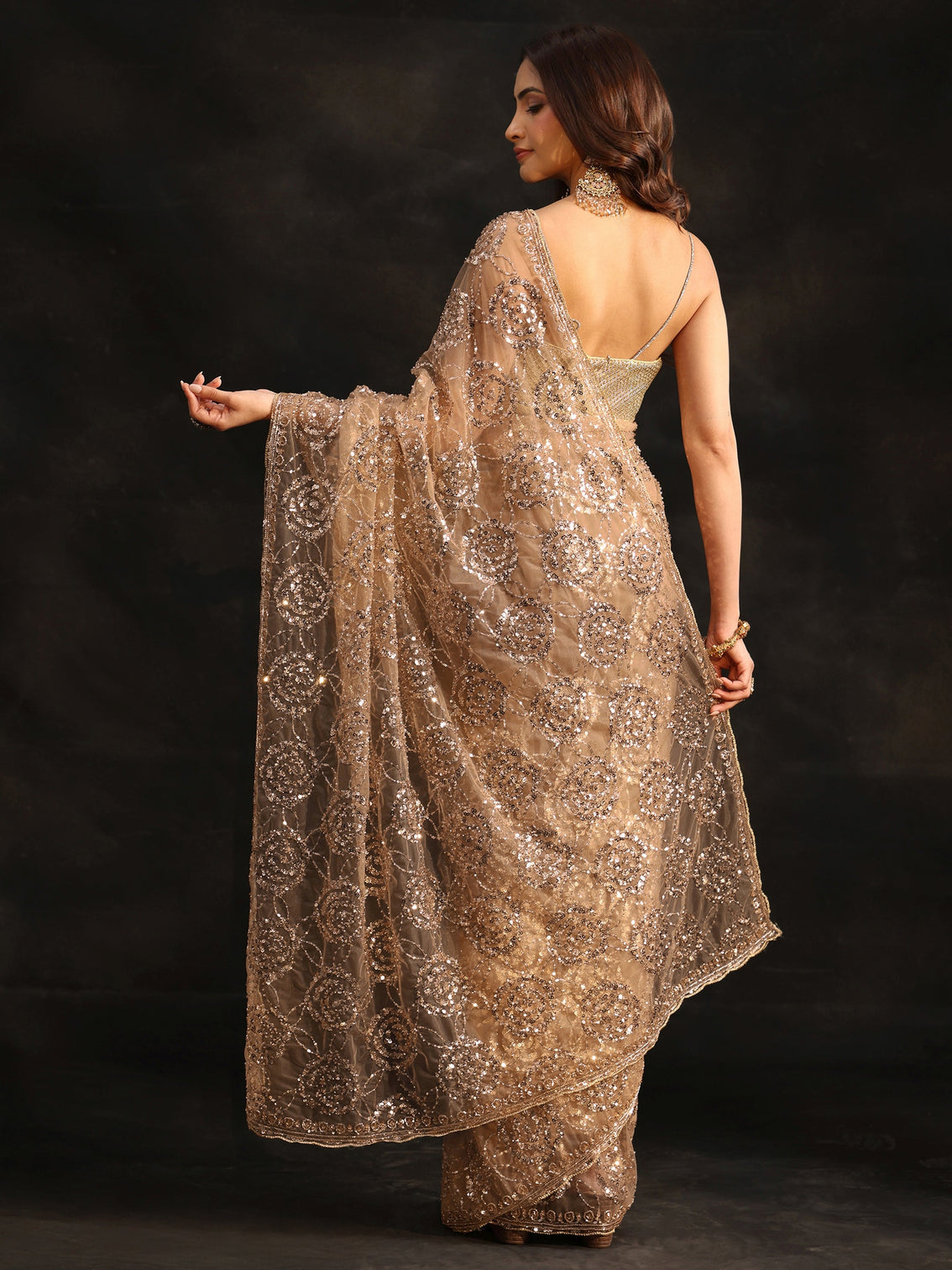Mameraa Art Taupe Grey Sequinned Rosette Design Net Saree