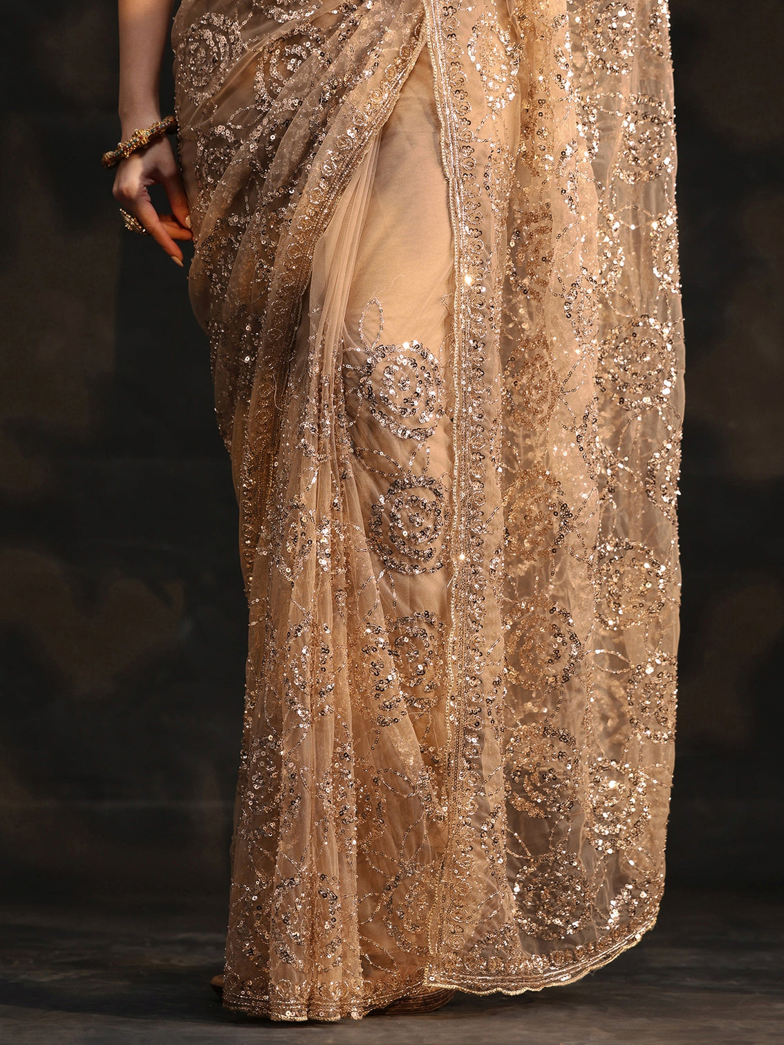Mameraa Art Taupe Grey Sequinned Rosette Design Net Saree