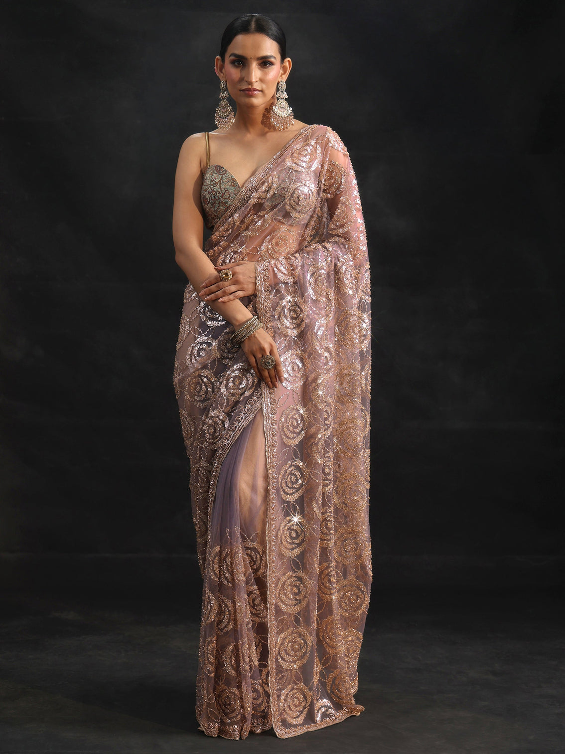 Mameraa Art Lavender Sequinned Rosette Design Net Saree