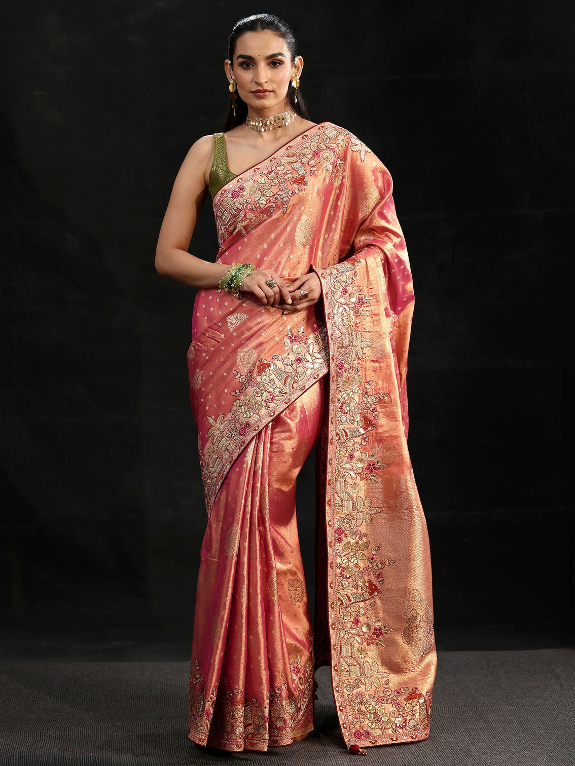 Mameraa Art Peach Woven Design Silk Blend Saree with Embroidered Border