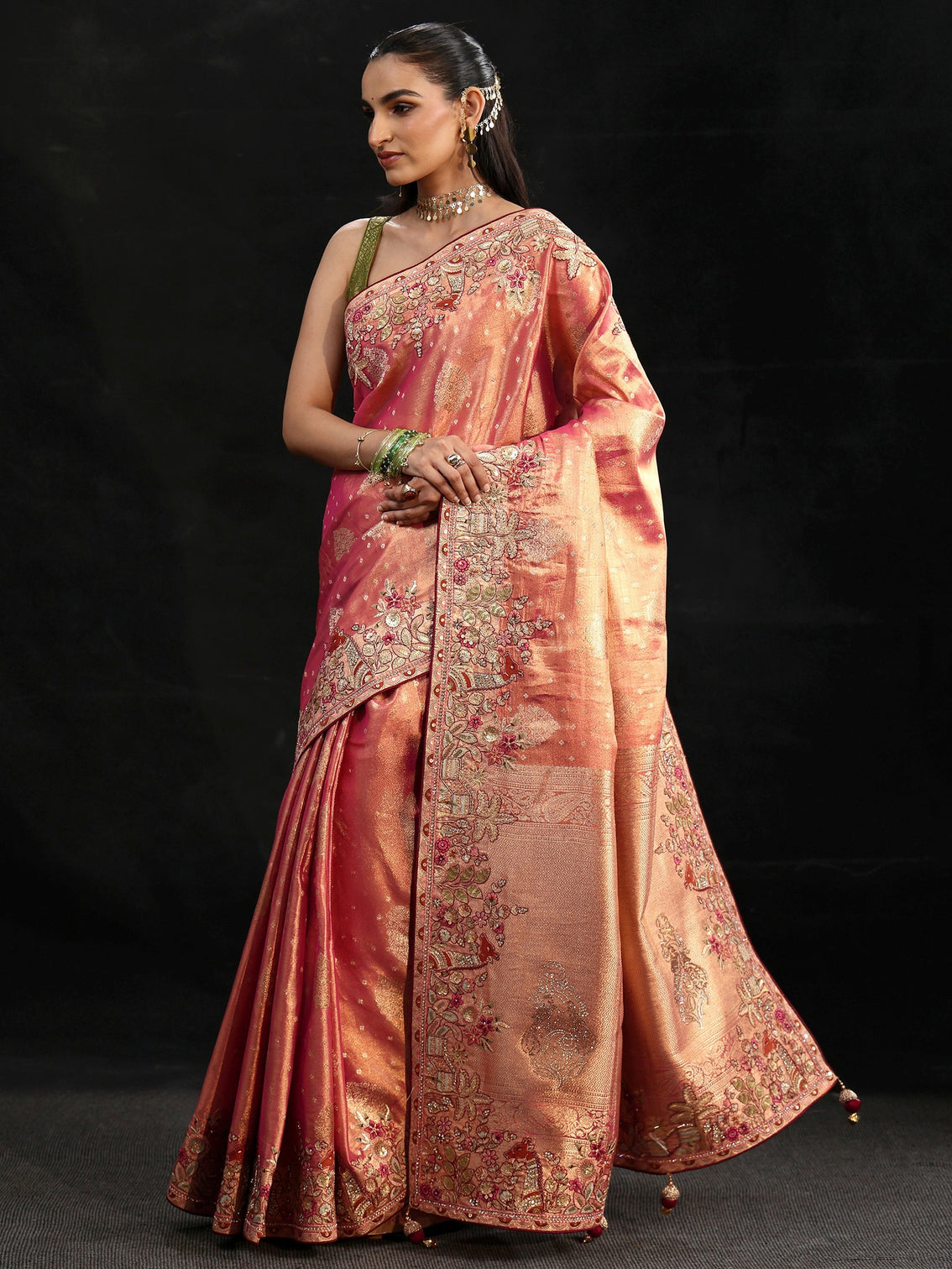 Mameraa Art Peach Woven Design Silk Blend Saree with Embroidered Border