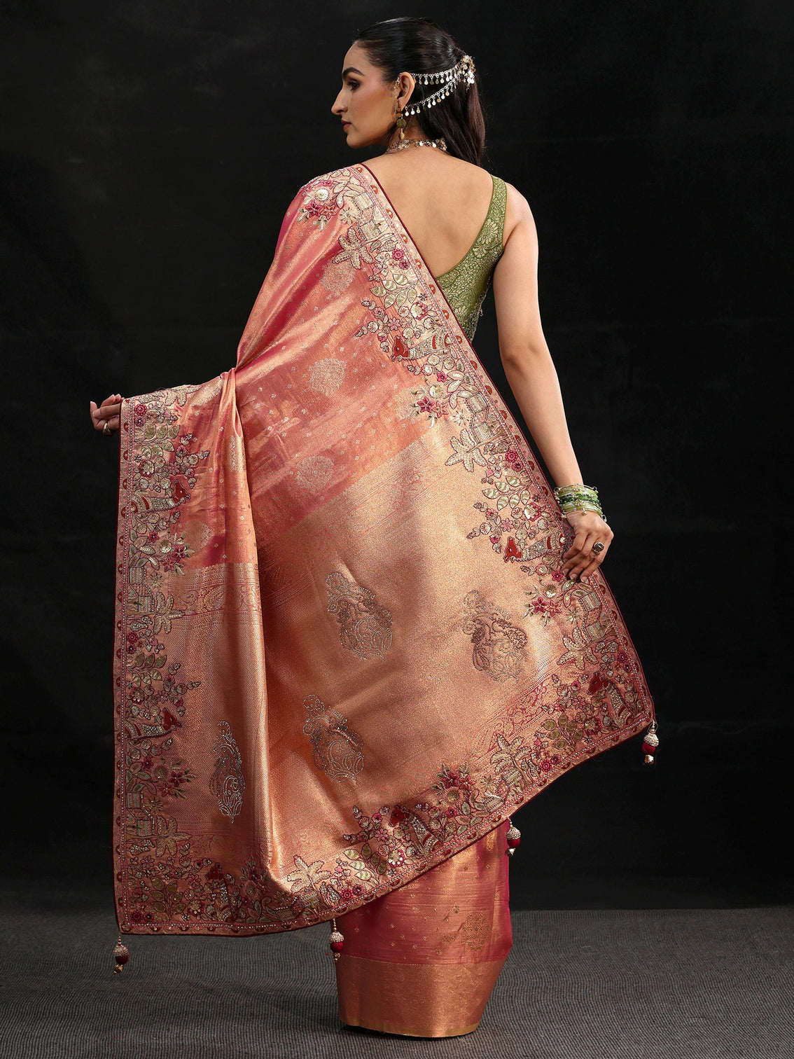 Mameraa Art Peach Woven Design Silk Blend Saree with Embroidered Border