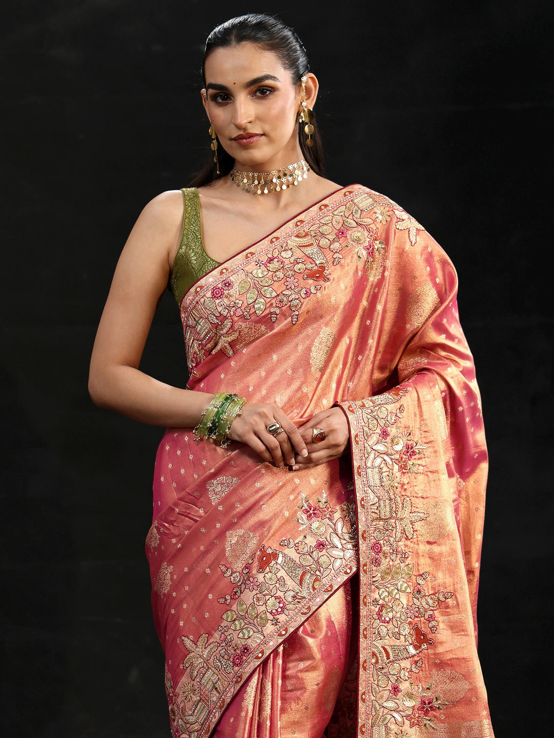 Mameraa Art Peach Woven Design Silk Blend Saree with Embroidered Border