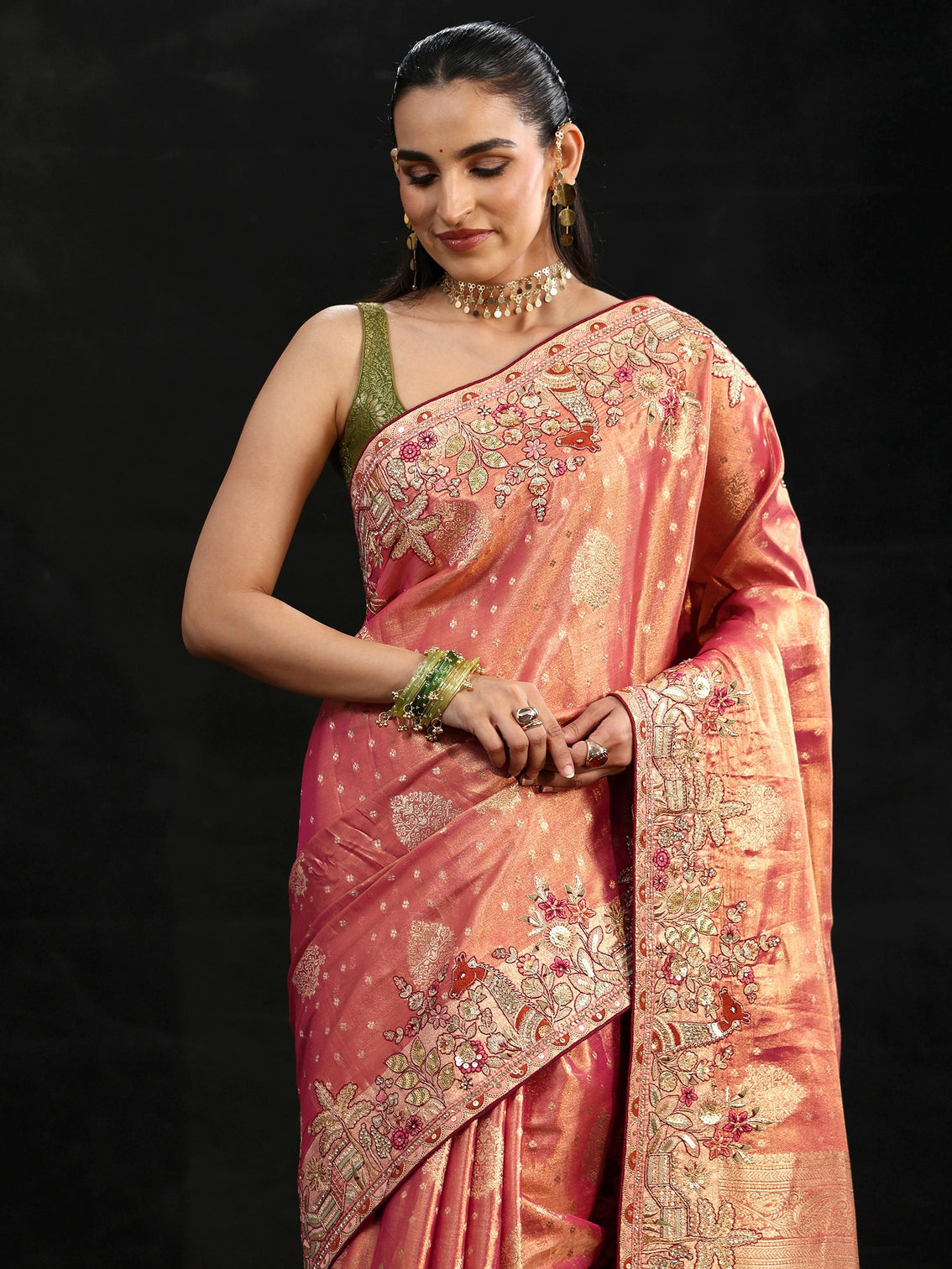 Mameraa Art Peach Woven Design Silk Blend Saree with Embroidered Border