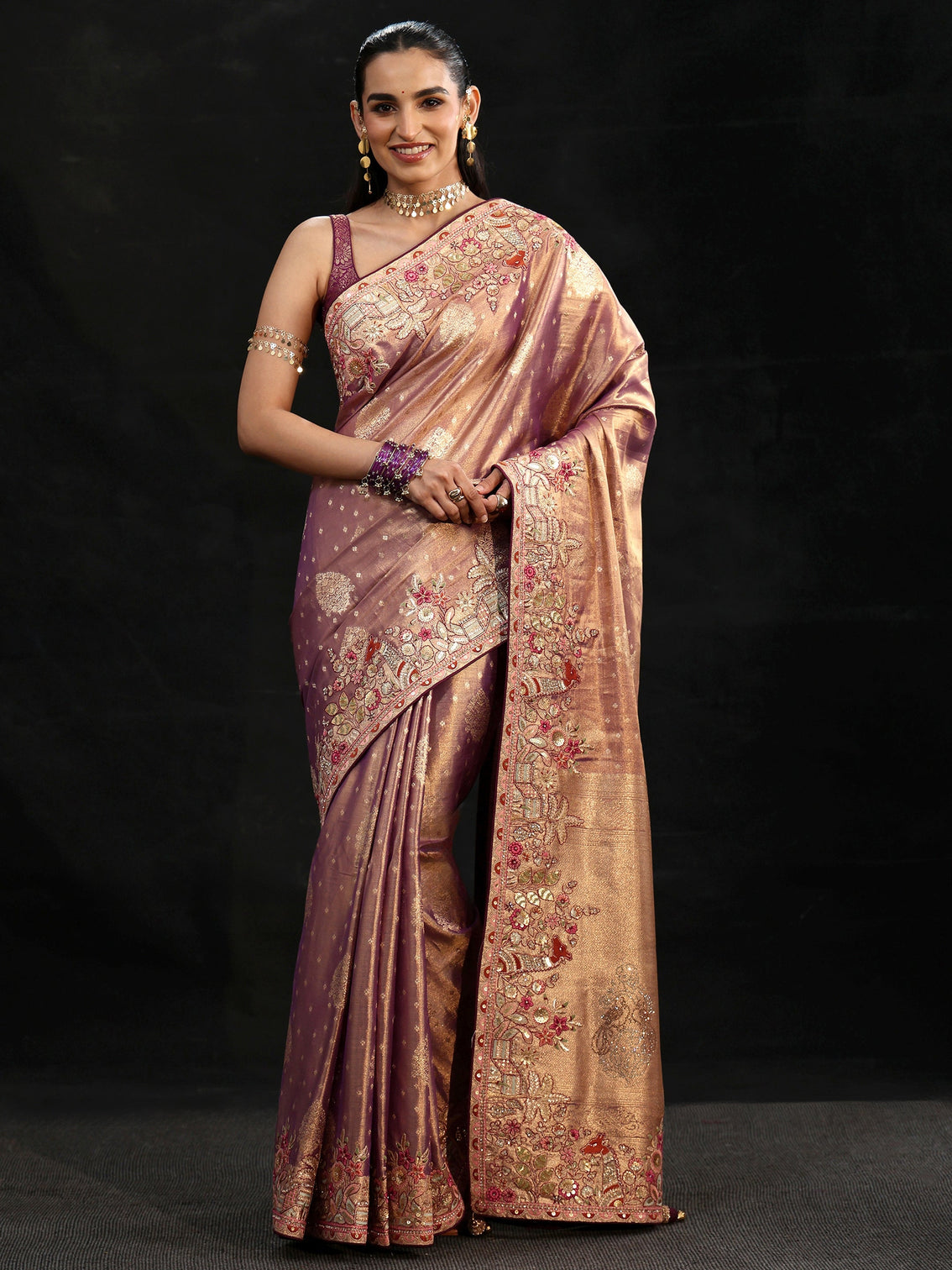 Mameraa Art Purple Woven Design Silk Blend Saree with Embroidered Border