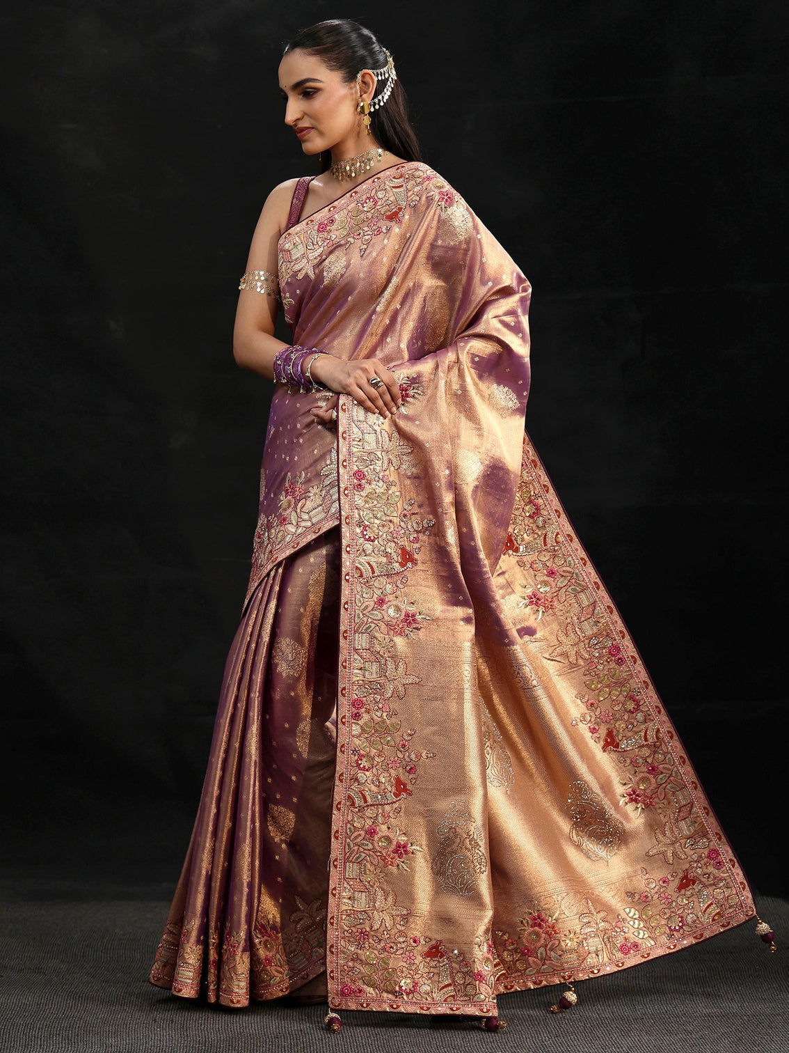 Mameraa Art Purple Woven Design Silk Blend Saree with Embroidered Border