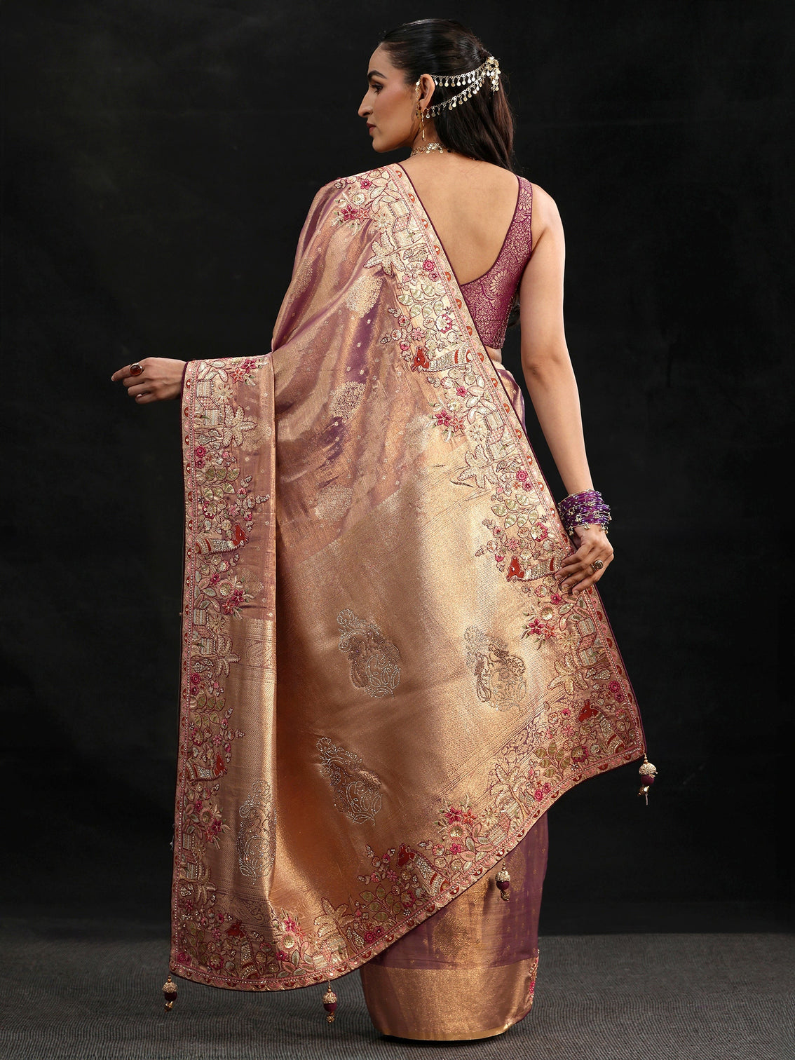 Mameraa Art Purple Woven Design Silk Blend Saree with Embroidered Border