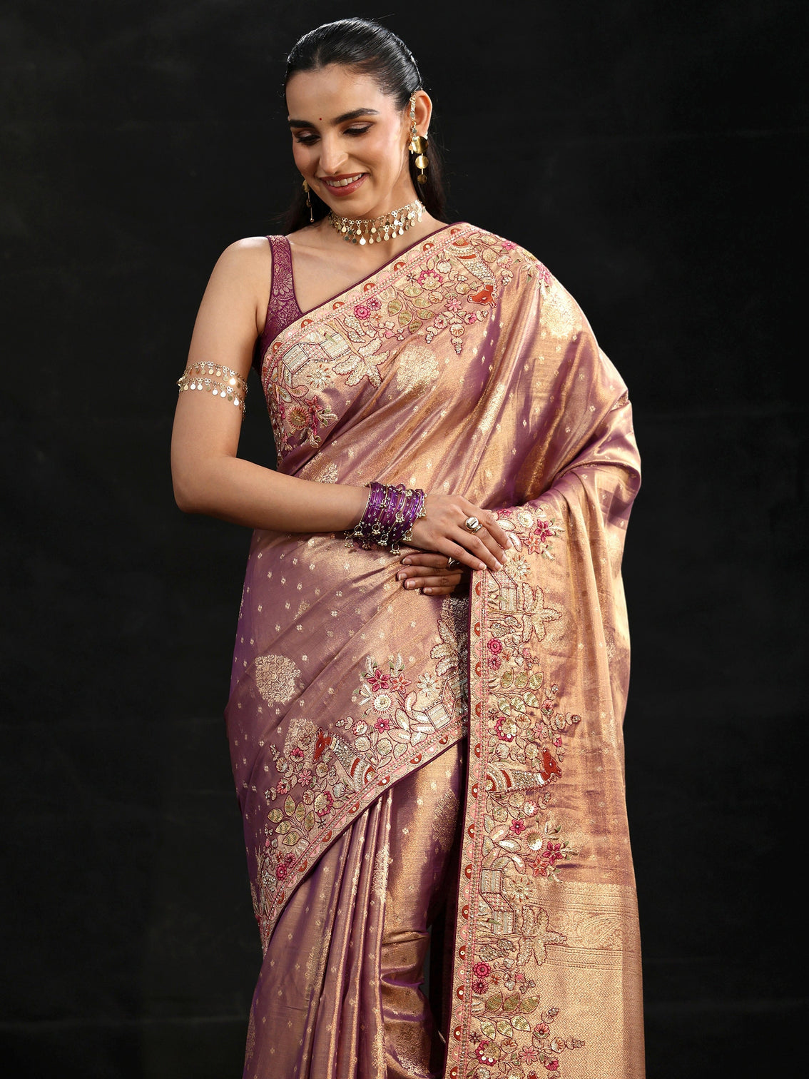 Mameraa Art Purple Woven Design Silk Blend Saree with Embroidered Border