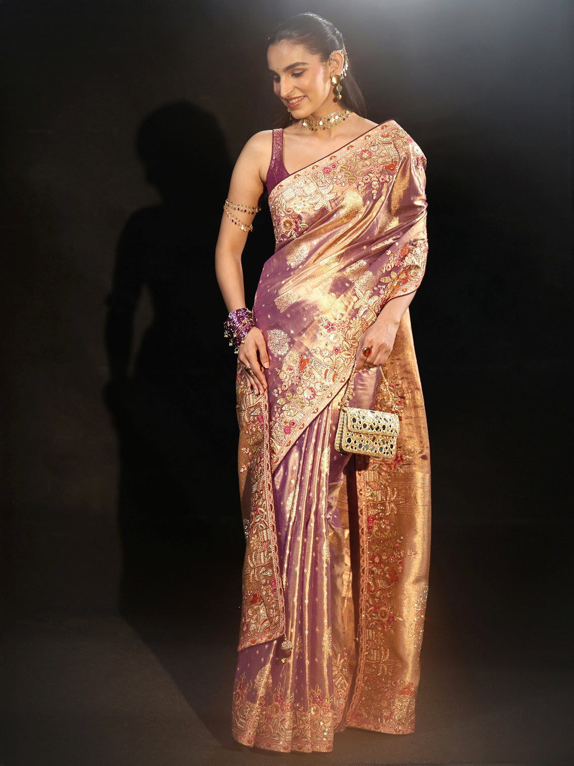 Mameraa Art Purple Woven Design Silk Blend Saree with Embroidered Border