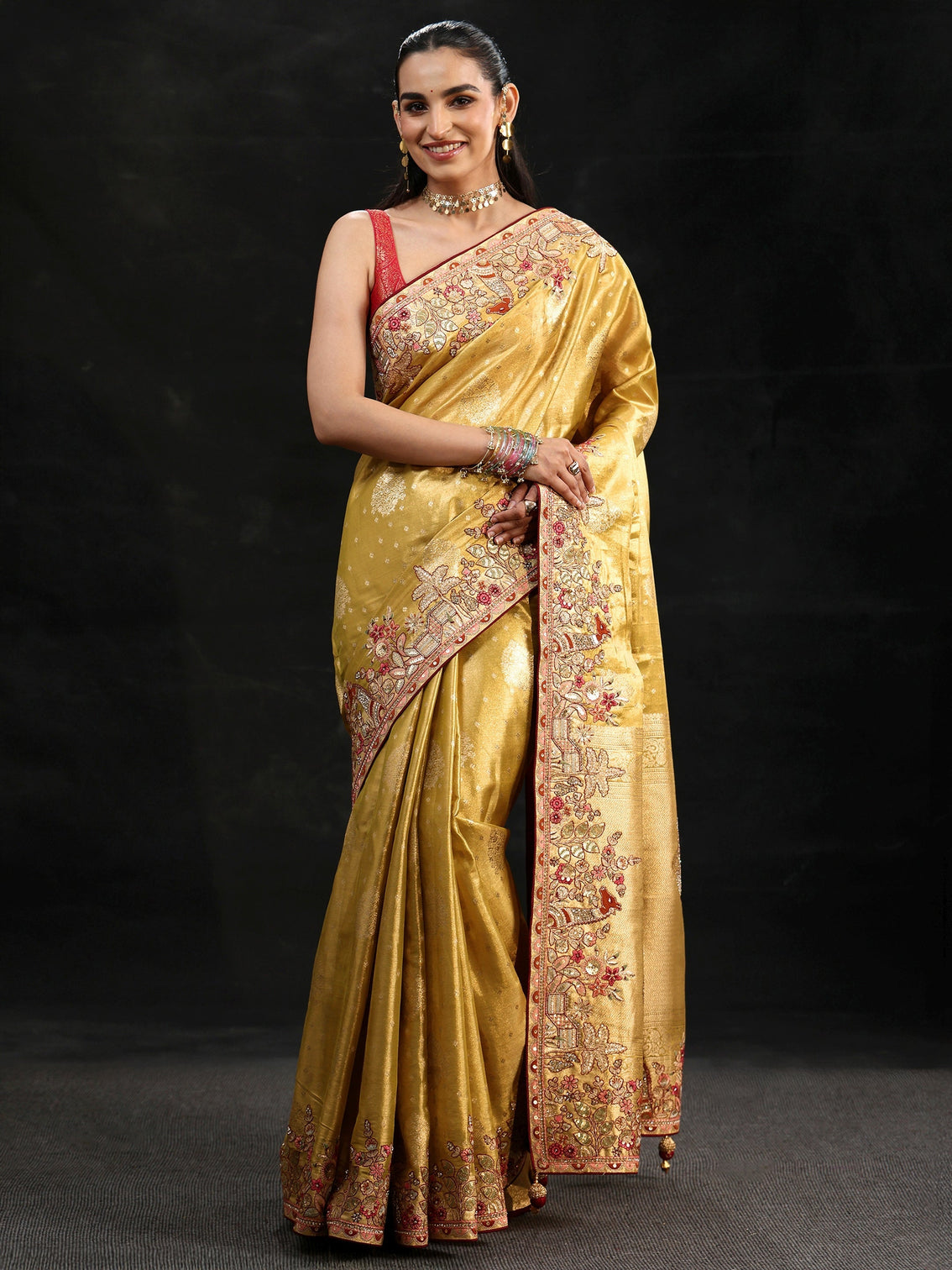 Mameraa Art Mustard Woven Design Silk Blend Saree with Embroidered Border
