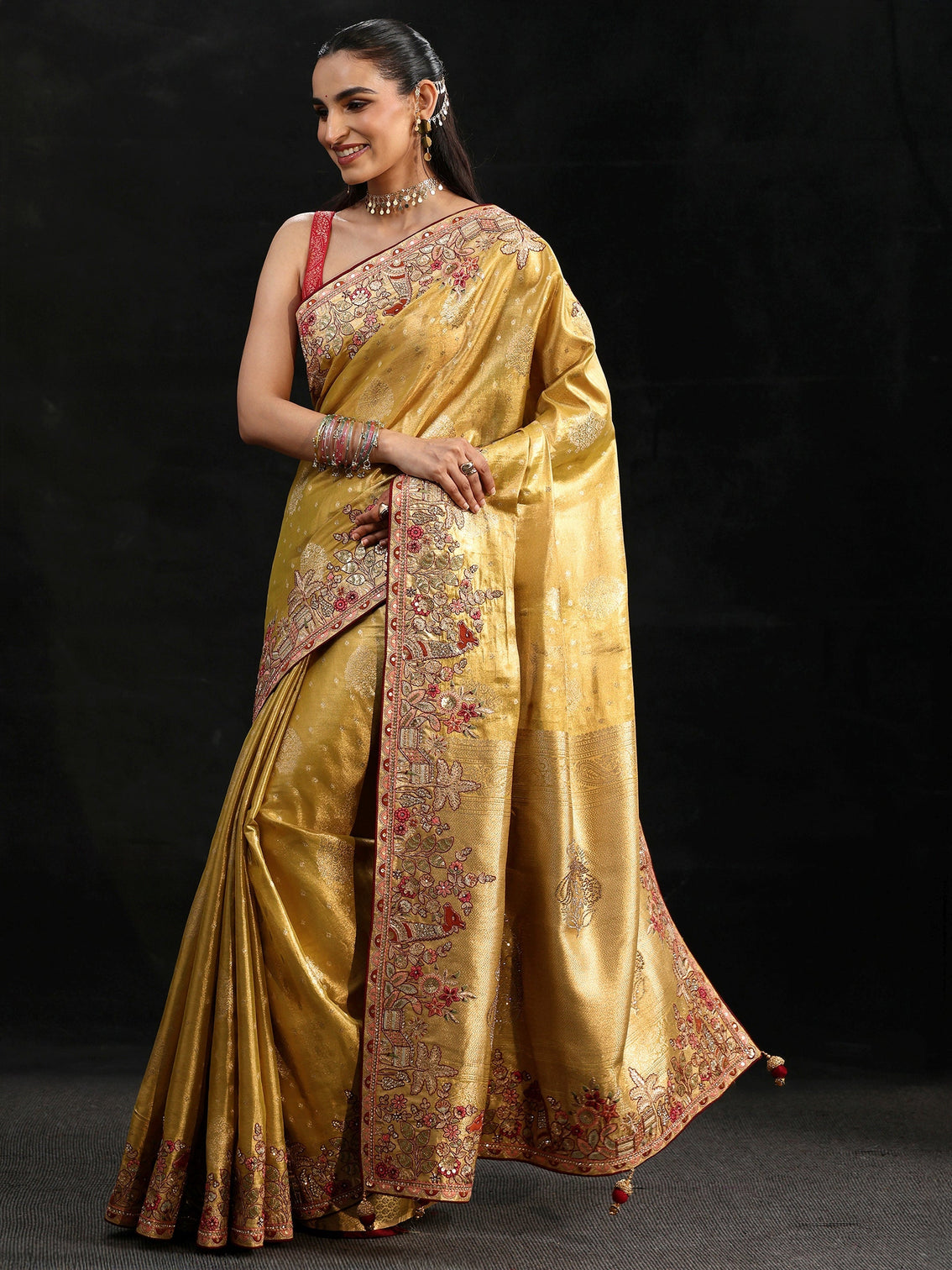 Mameraa Art Mustard Woven Design Silk Blend Saree with Embroidered Border