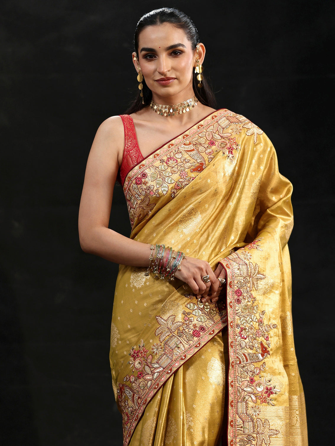 Mameraa Art Mustard Woven Design Silk Blend Saree with Embroidered Border