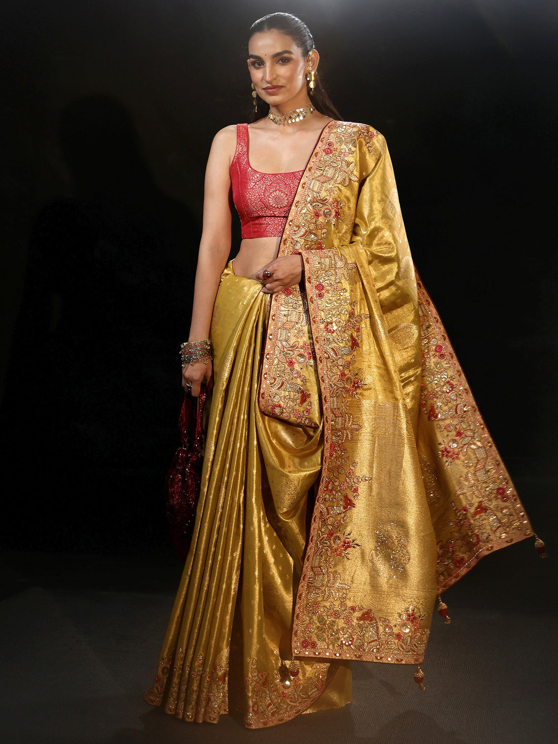 Mameraa Art Mustard Woven Design Silk Blend Saree with Embroidered Border