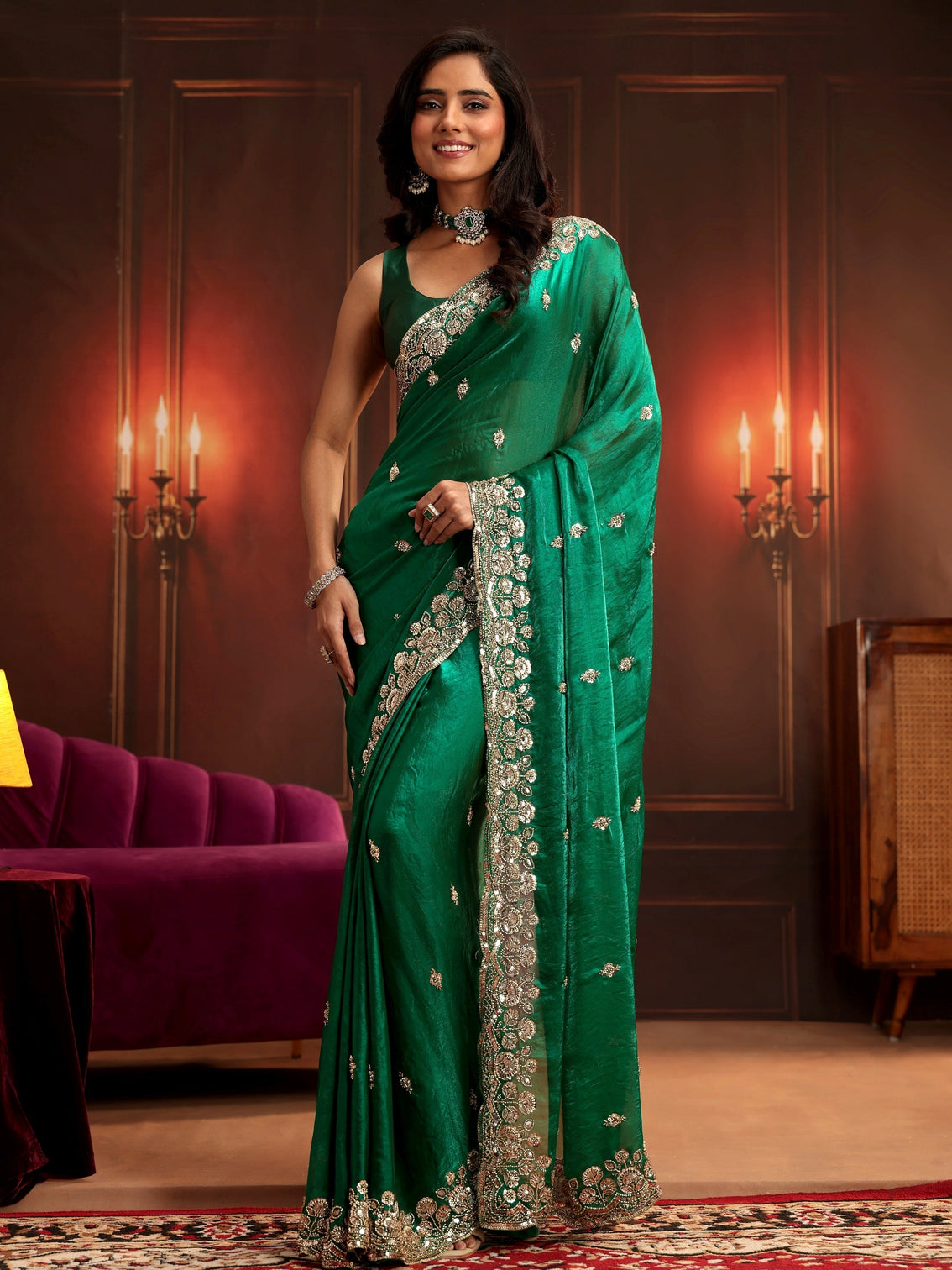 Mameraa Art Bottle Green Embellished Tissue Saree