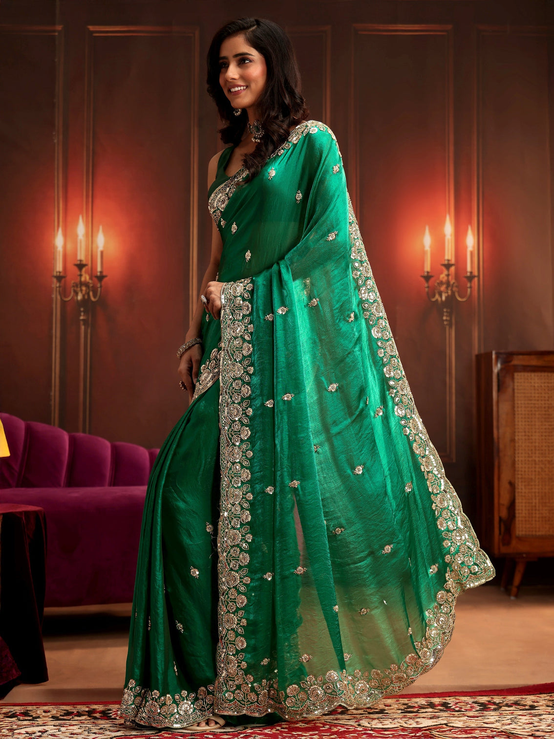 Mameraa Art Bottle Green Embellished Tissue Saree