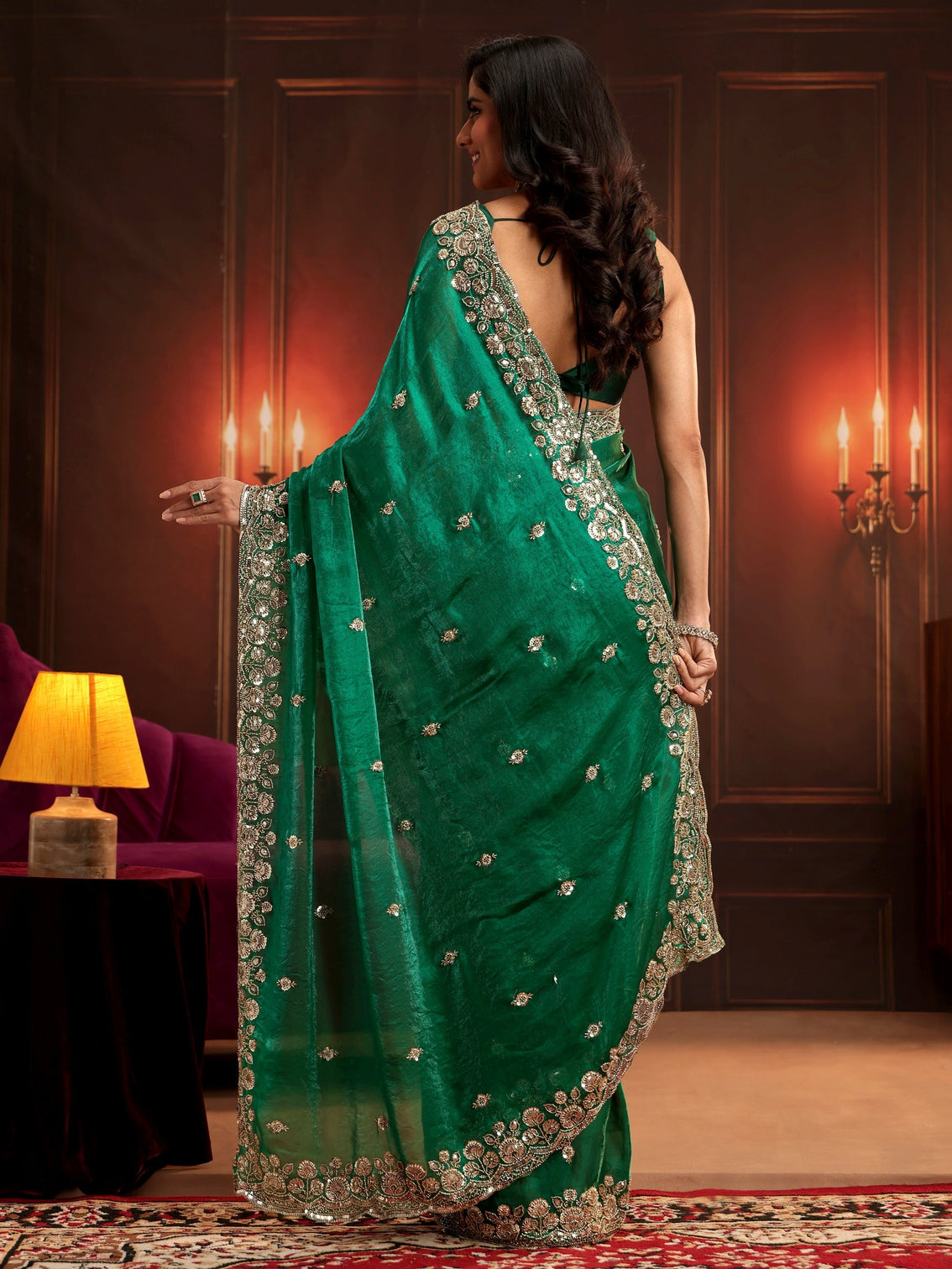 Mameraa Art Bottle Green Embellished Tissue Saree