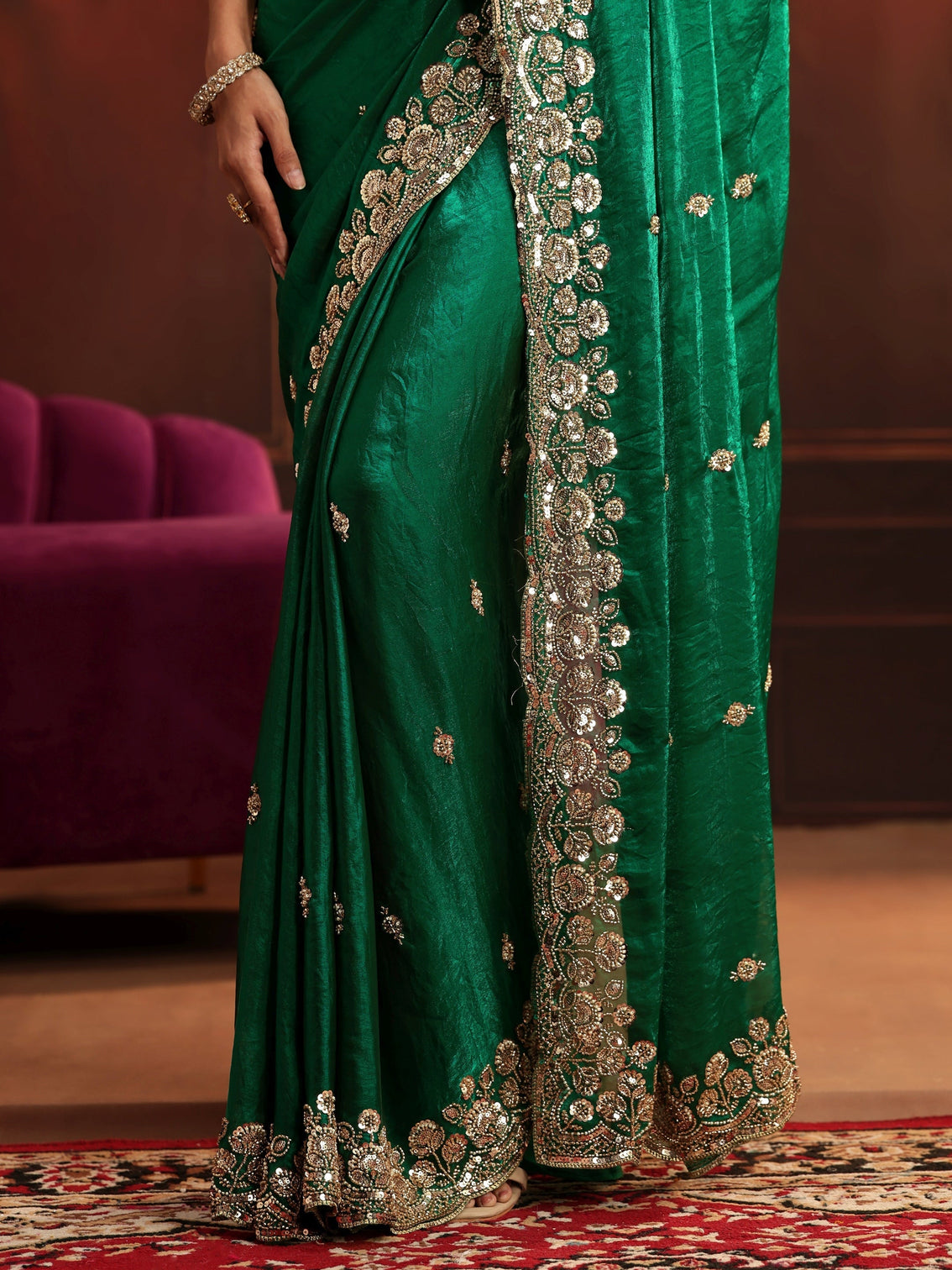 Mameraa Art Bottle Green Embellished Tissue Saree