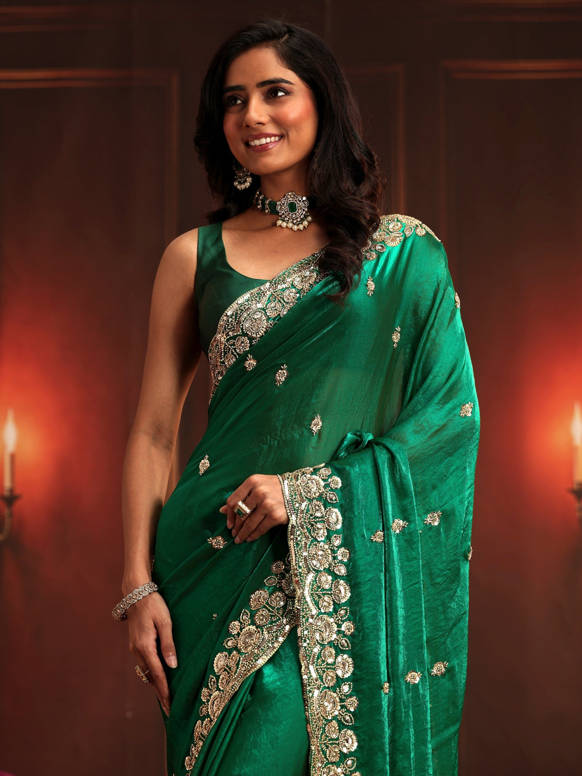 Mameraa Art Bottle Green Embellished Tissue Saree