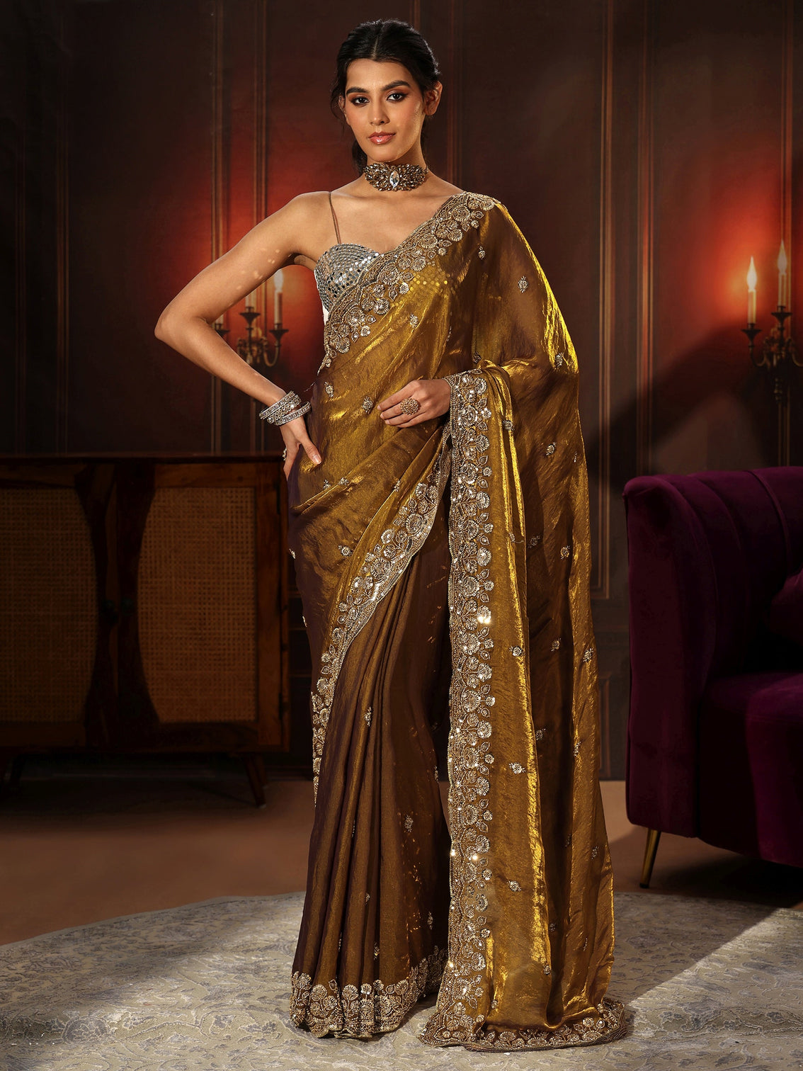 Mameraa Art Mustard Tissue Saree with Sequin Embellished Border