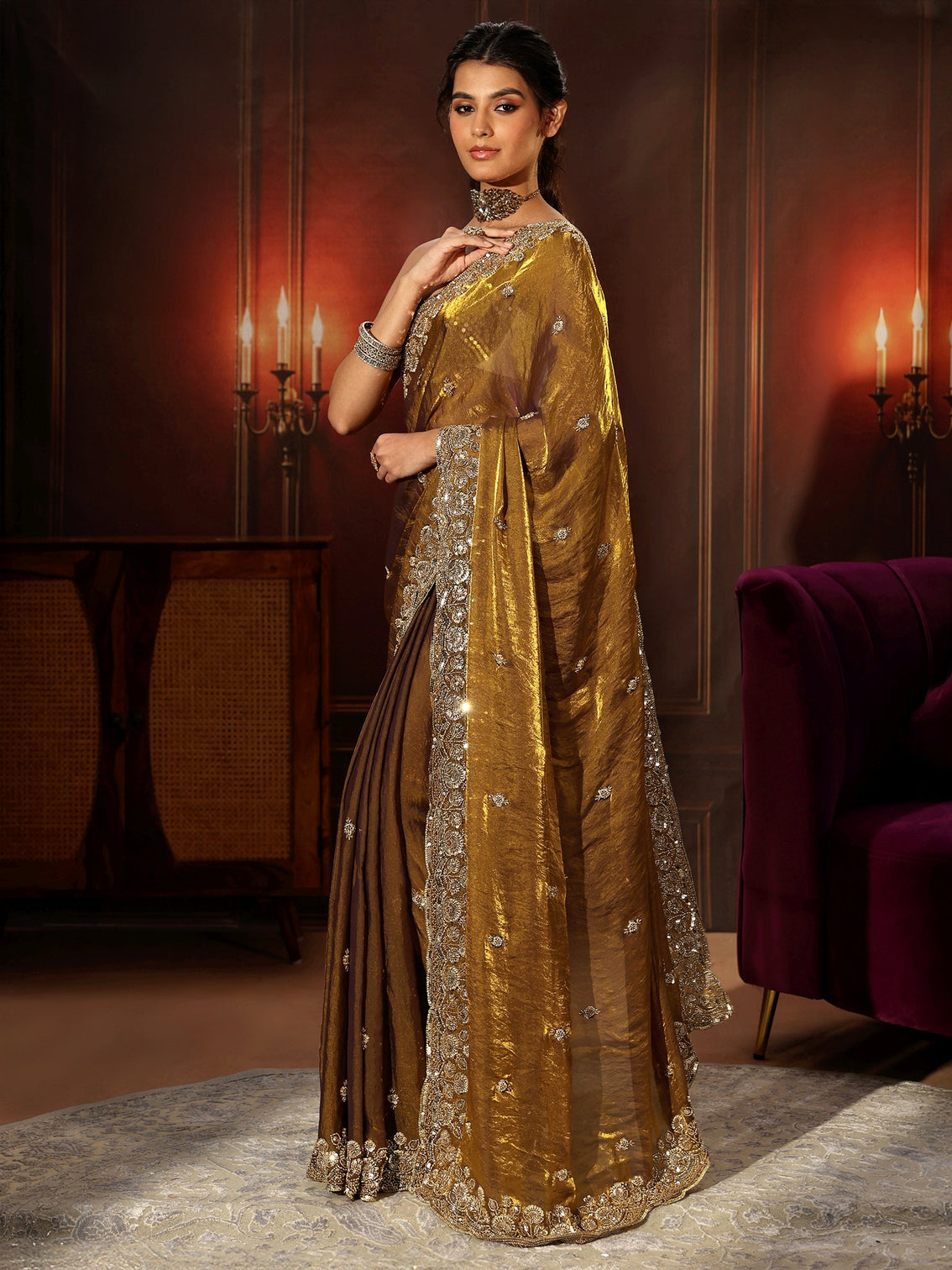 Mameraa Art Mustard Tissue Saree with Sequin Embellished Border