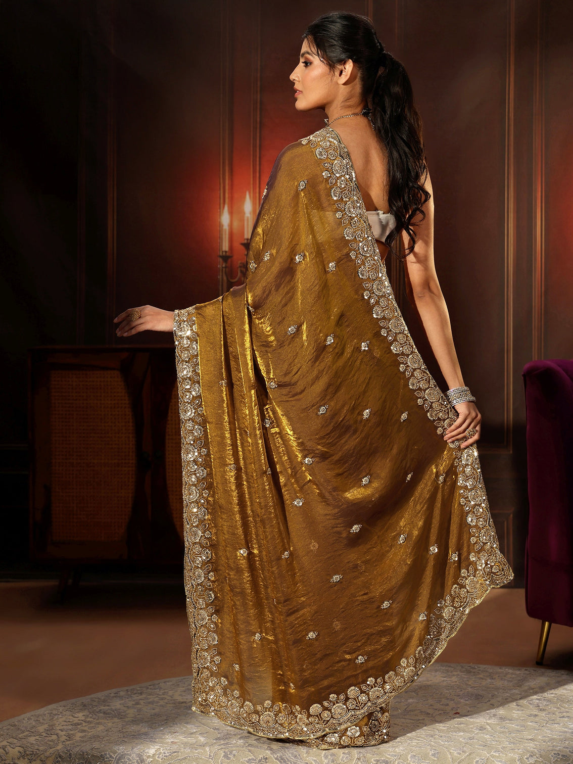 Mameraa Art Mustard Tissue Saree with Sequin Embellished Border