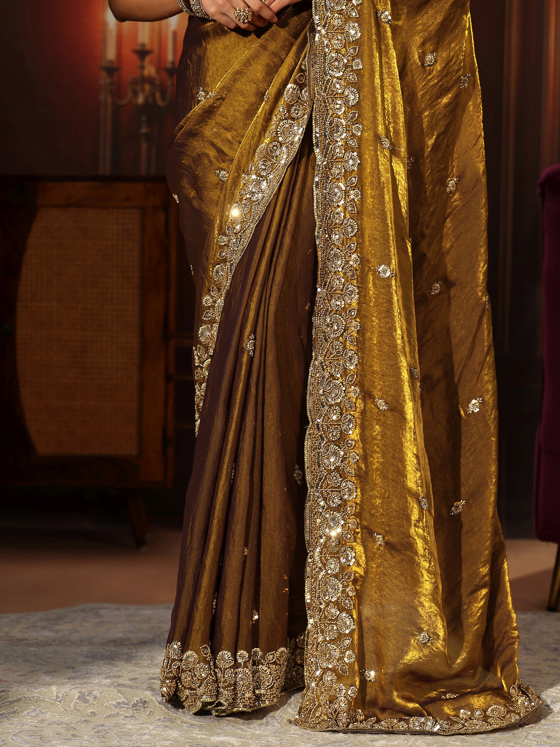 Mameraa Art Mustard Tissue Saree with Sequin Embellished Border