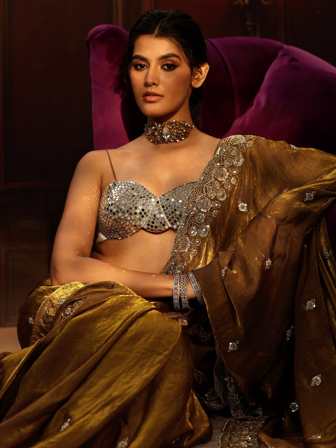 Mameraa Art Mustard Tissue Saree with Sequin Embellished Border