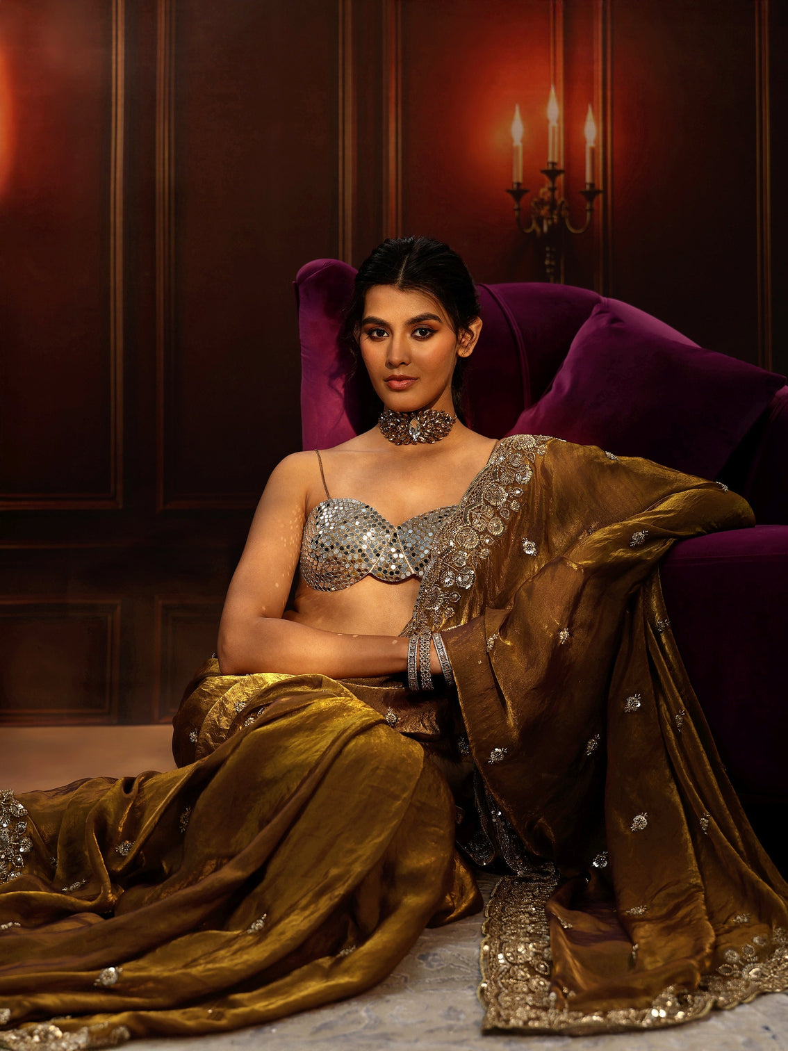 Mameraa Art Mustard Tissue Saree with Sequin Embellished Border