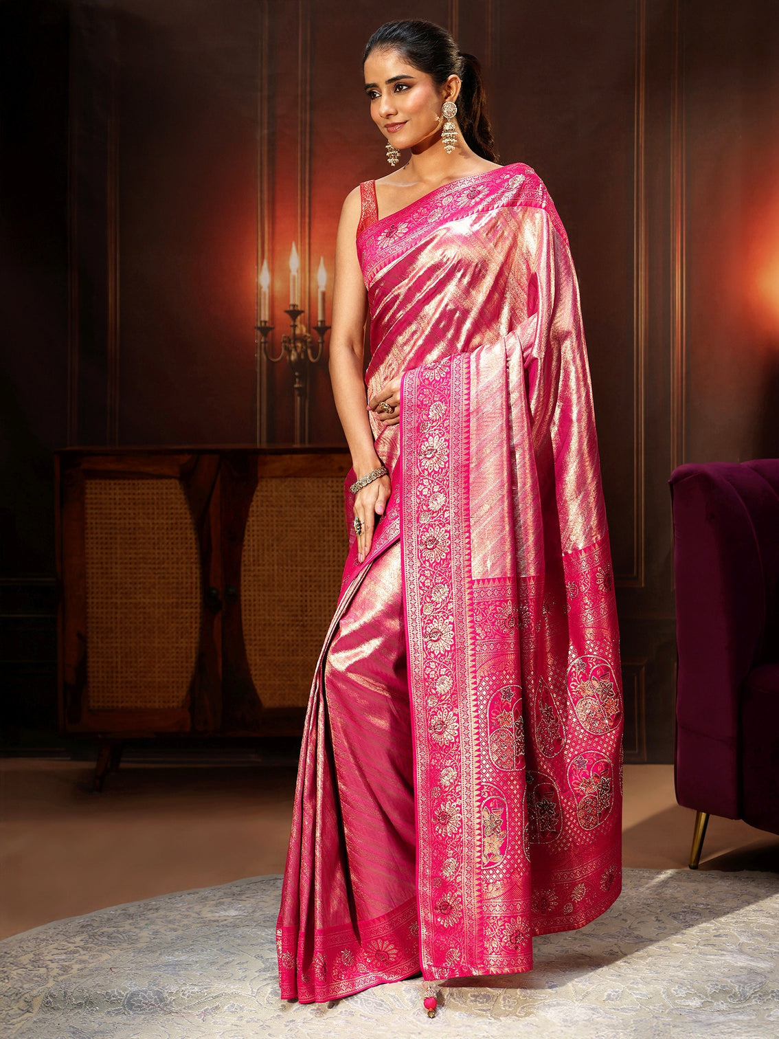 Mameraa Pink Banarasi Silk Blend Saree with Embellished Pallu