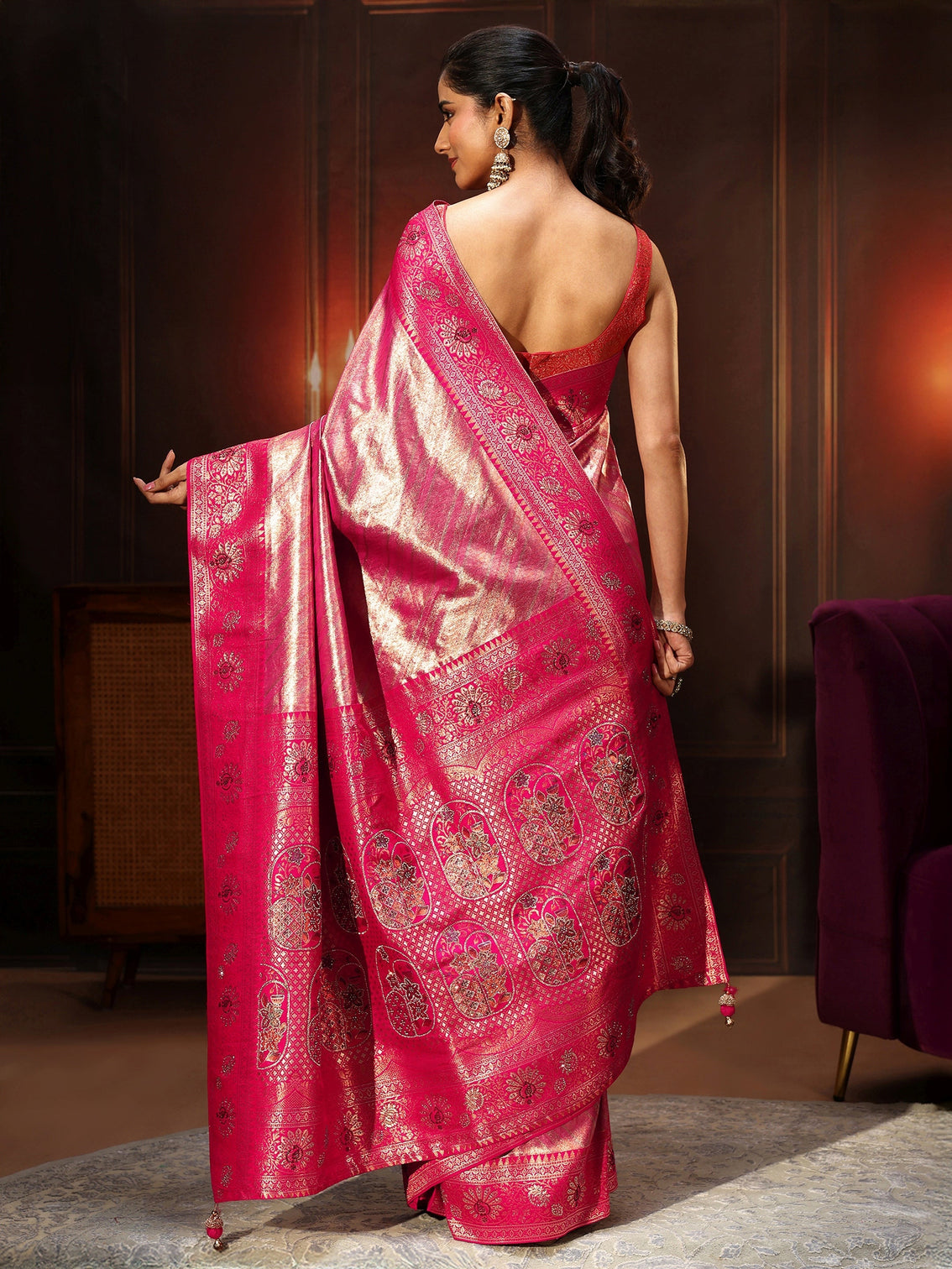 Mameraa Pink Banarasi Silk Blend Saree with Embellished Pallu