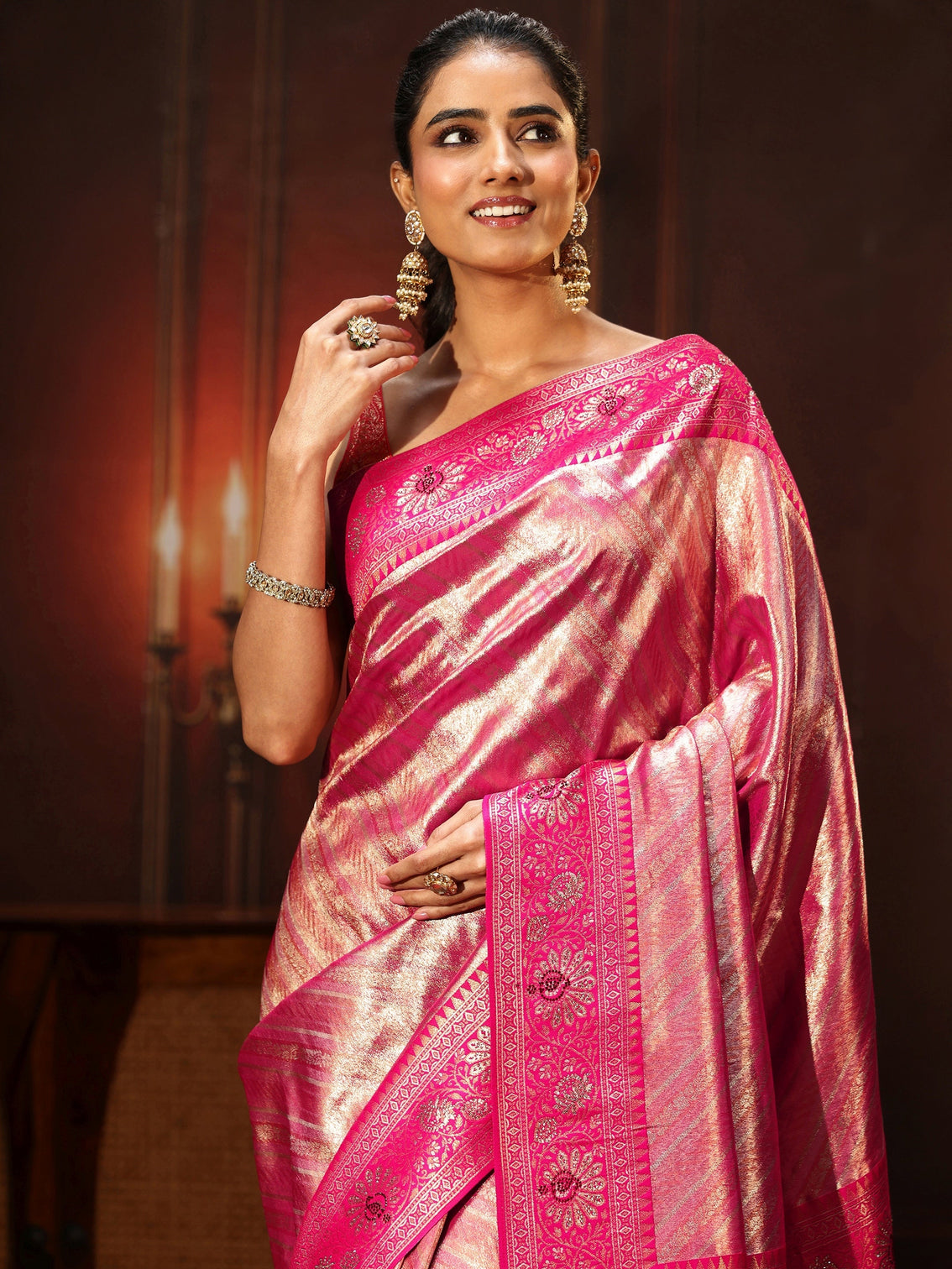 Mameraa Pink Banarasi Silk Blend Saree with Embellished Pallu