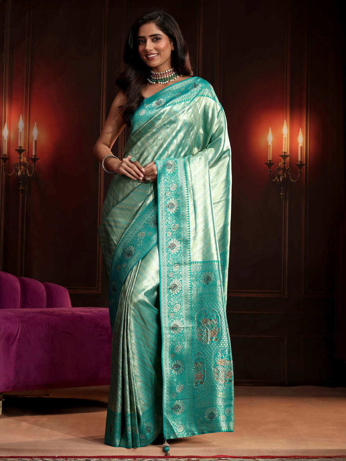 Mameraa Sea Green Woven Design Silk Blend Saree