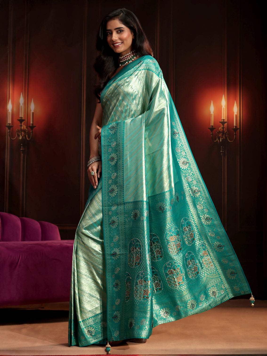 Mameraa Sea Green Woven Design Silk Blend Saree