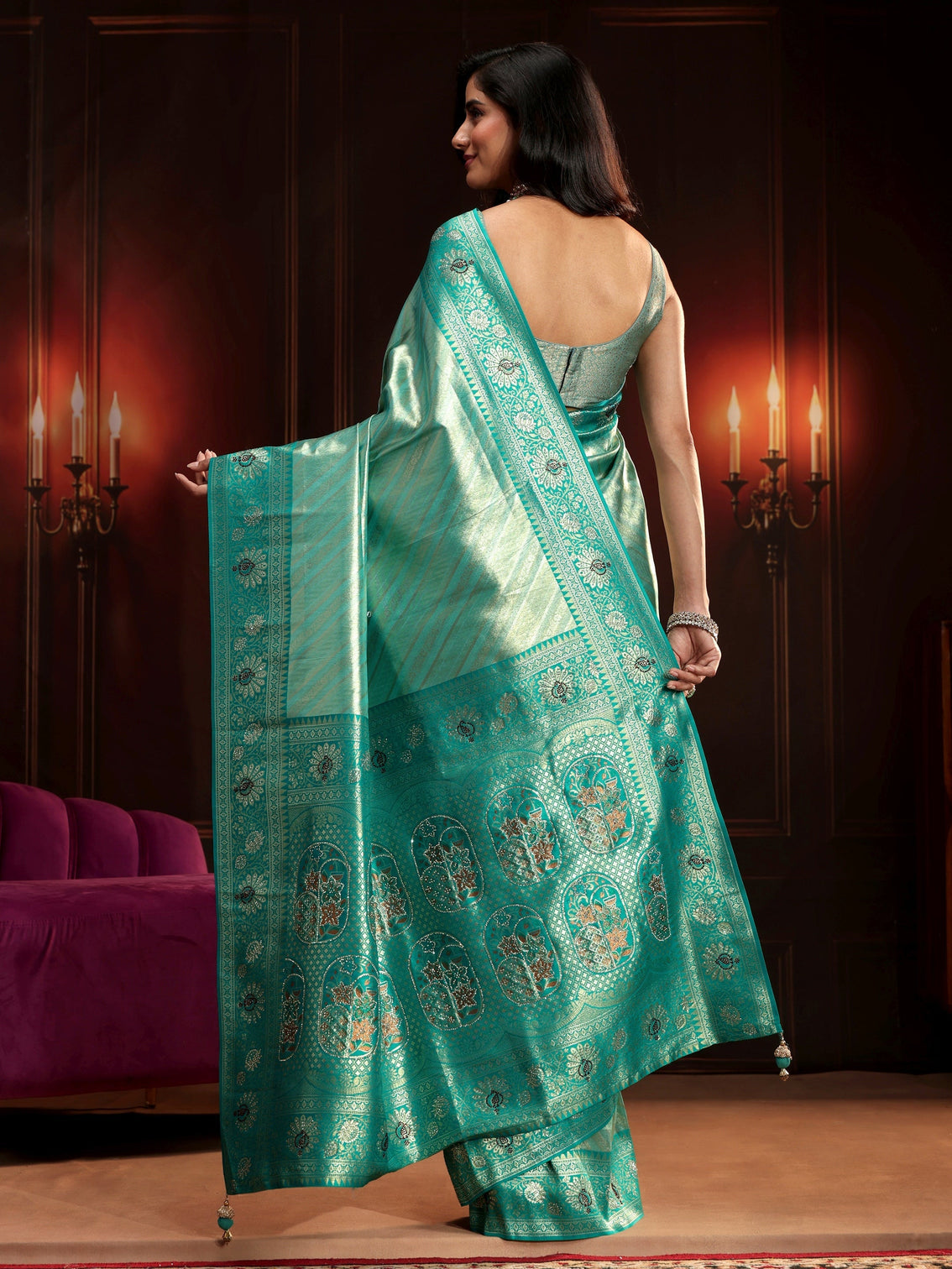 Mameraa Sea Green Woven Design Silk Blend Saree