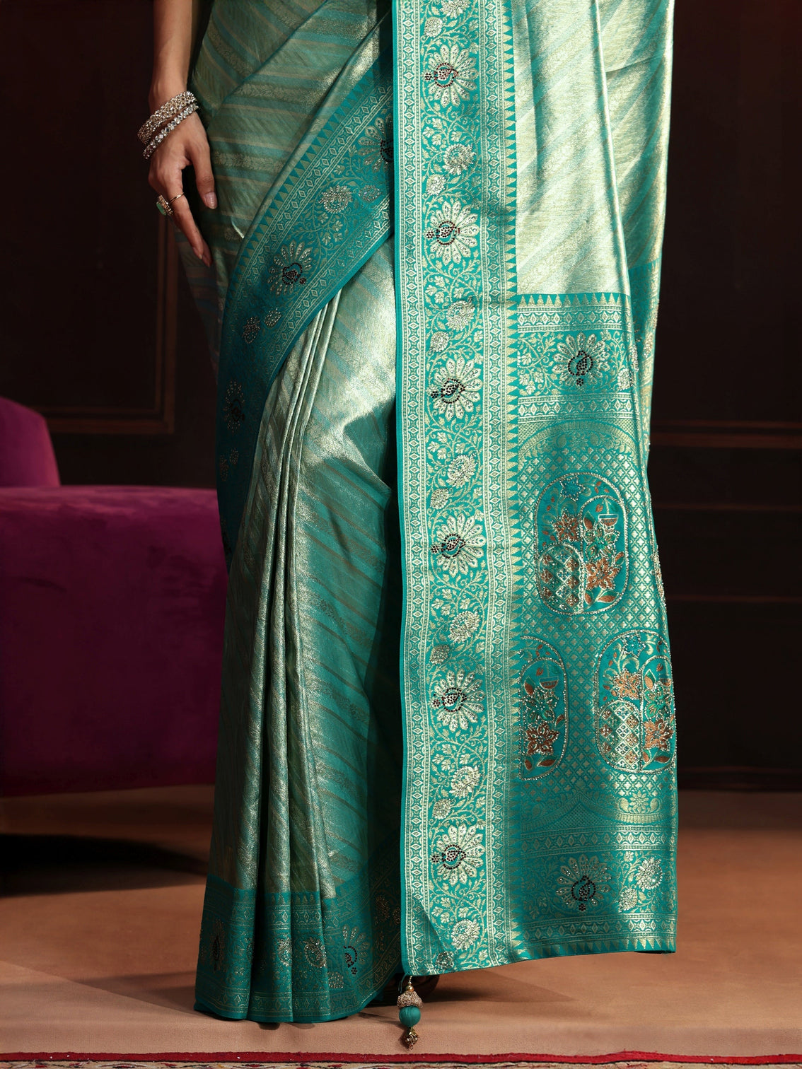 Mameraa Sea Green Woven Design Silk Blend Saree