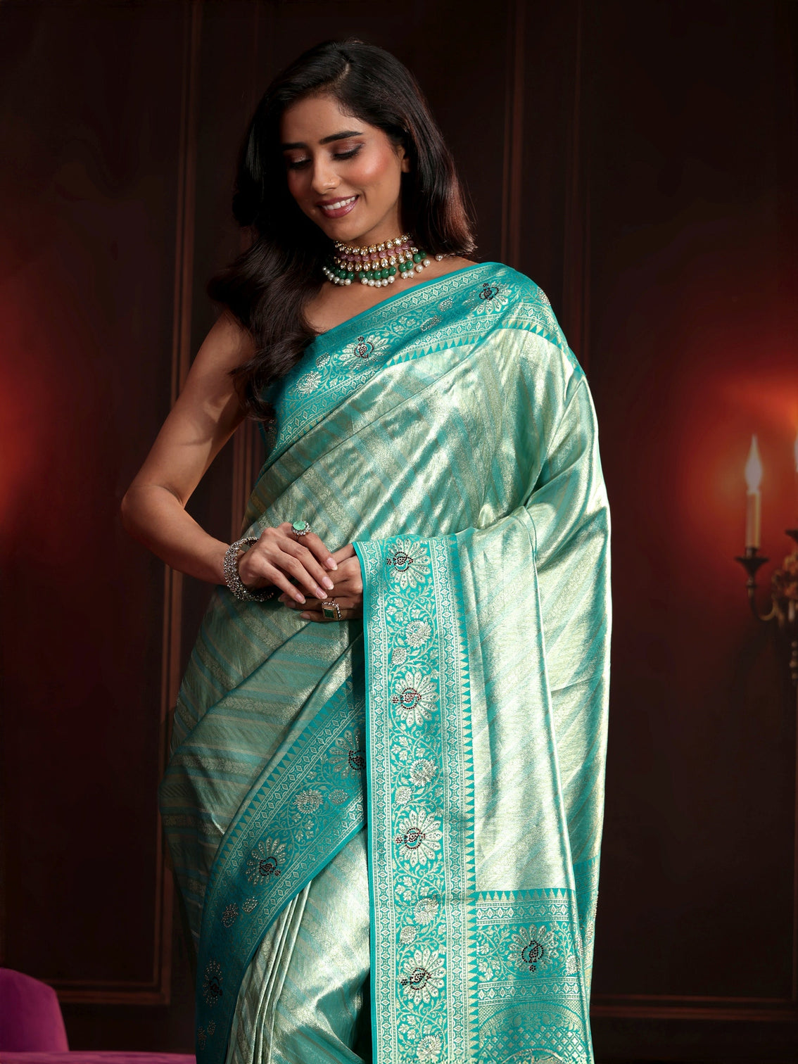 Mameraa Sea Green Woven Design Silk Blend Saree