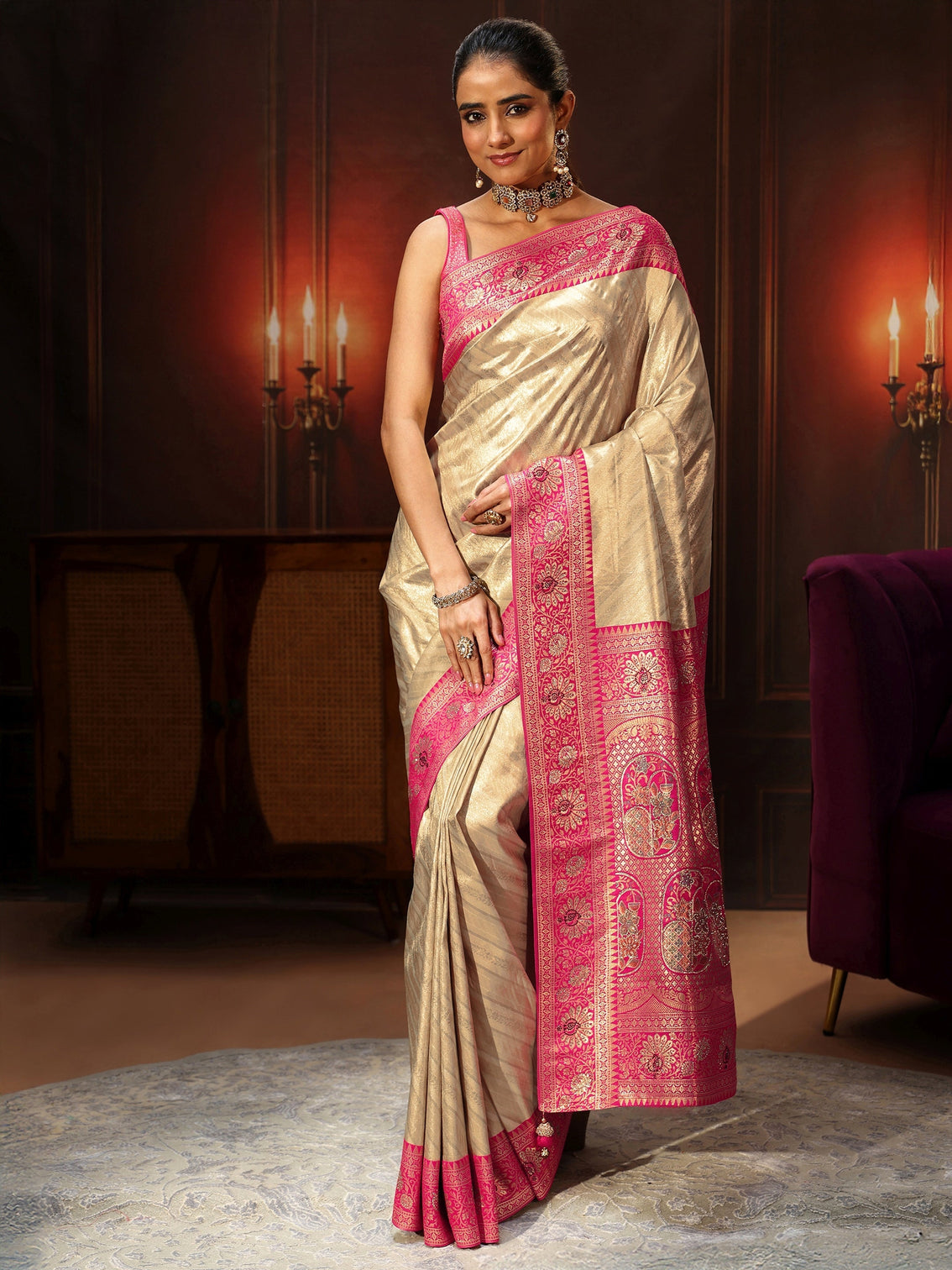 Mameraa Golden Banarasi Silk Blend Saree with Embellished Pallu