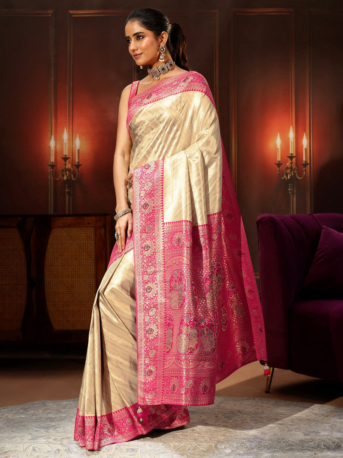 Mameraa Golden Banarasi Silk Blend Saree with Embellished Pallu
