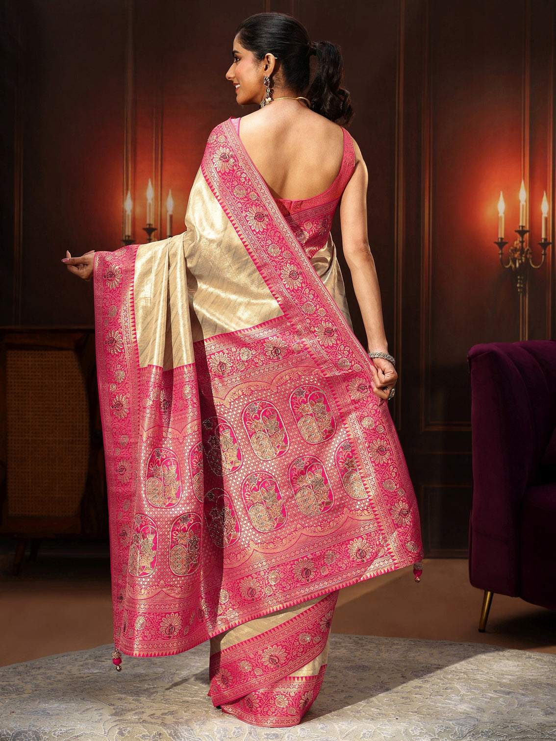 Mameraa Golden Banarasi Silk Blend Saree with Embellished Pallu