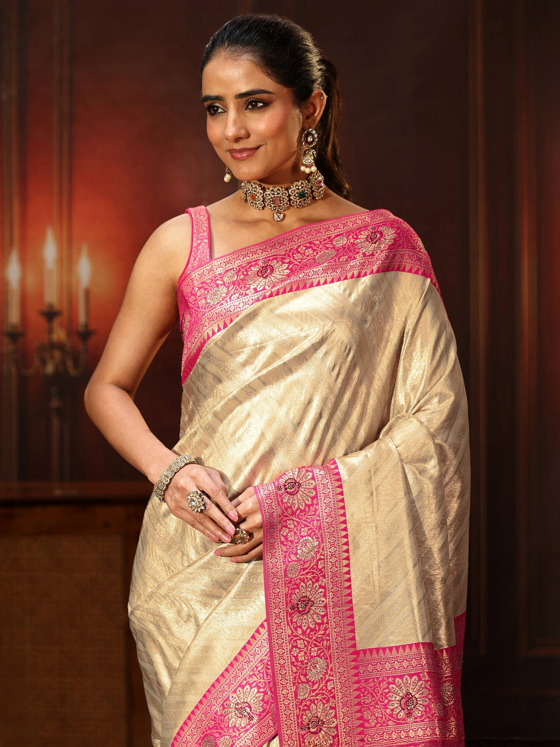 Mameraa Golden Banarasi Silk Blend Saree with Embellished Pallu