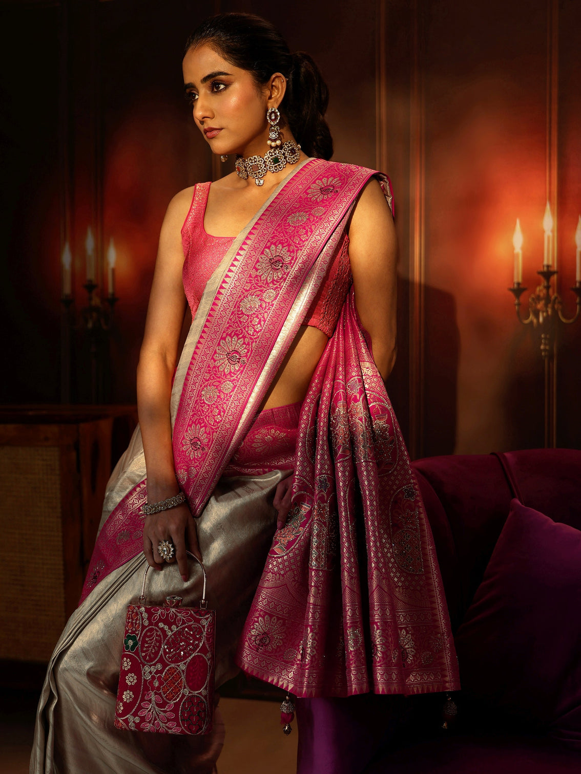 Mameraa Golden Banarasi Silk Blend Saree with Embellished Pallu