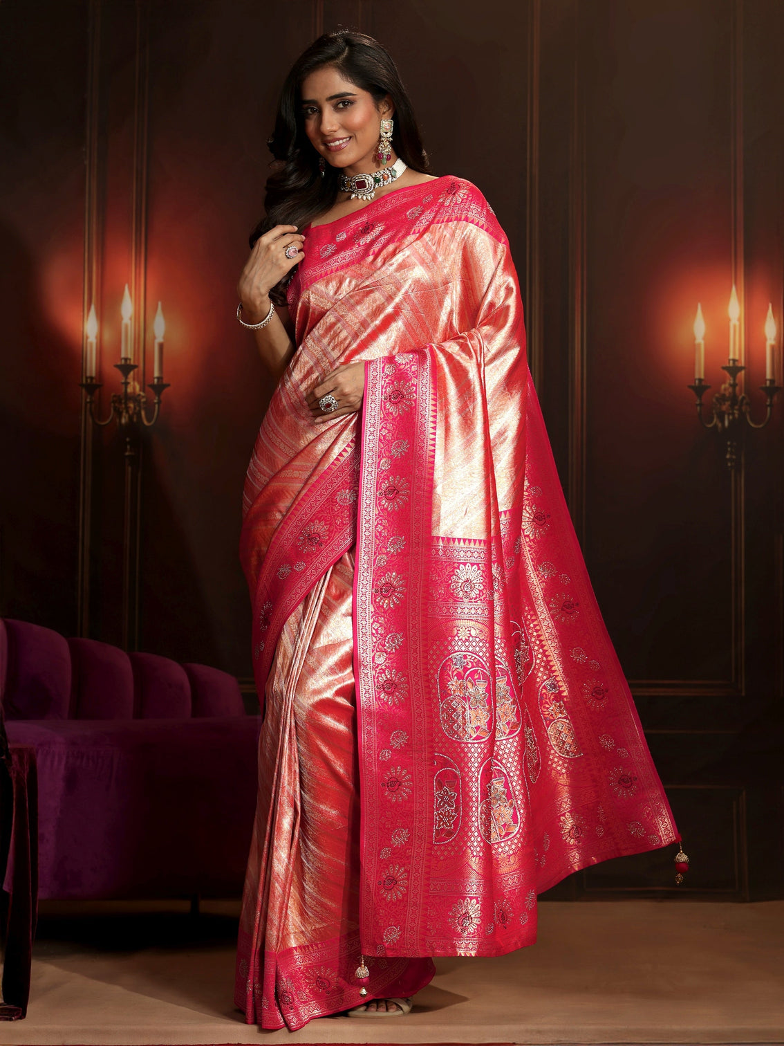 Mameraa Peach Pink Woven Design Silk Blend Saree
