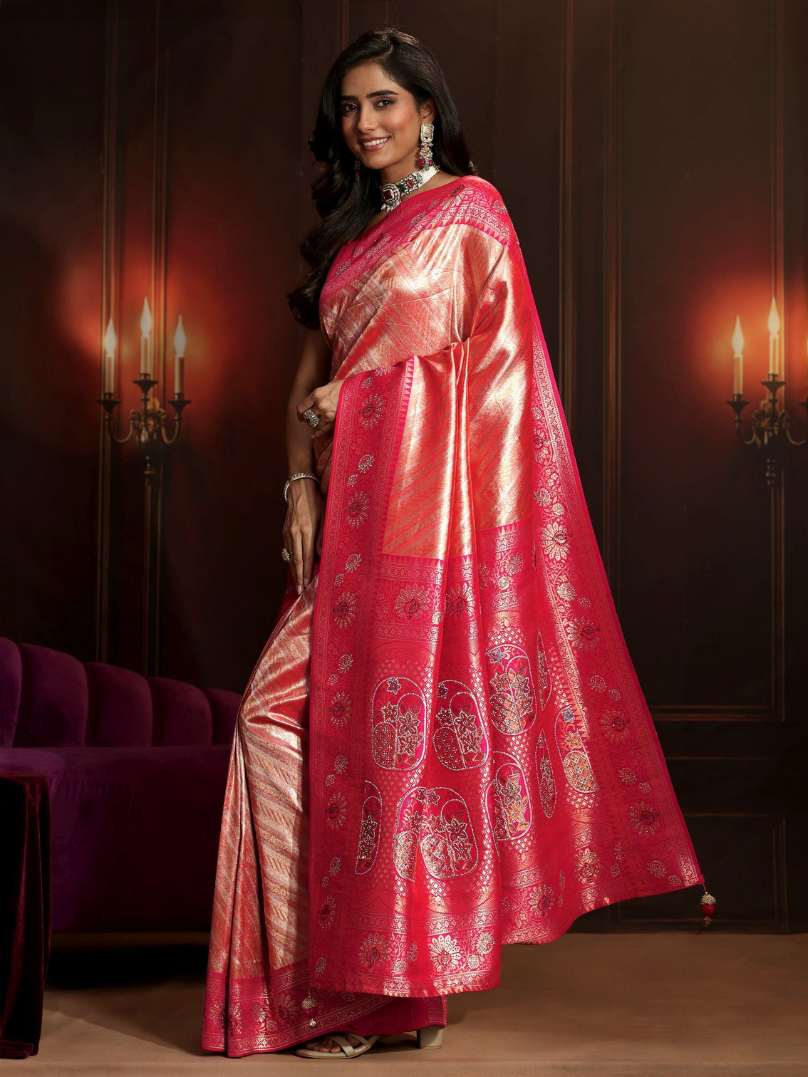 Mameraa Peach Pink Woven Design Silk Blend Saree