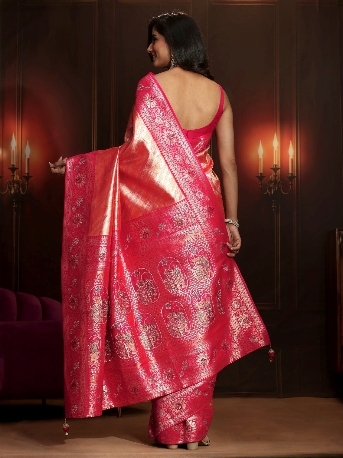 Mameraa Peach Pink Woven Design Silk Blend Saree