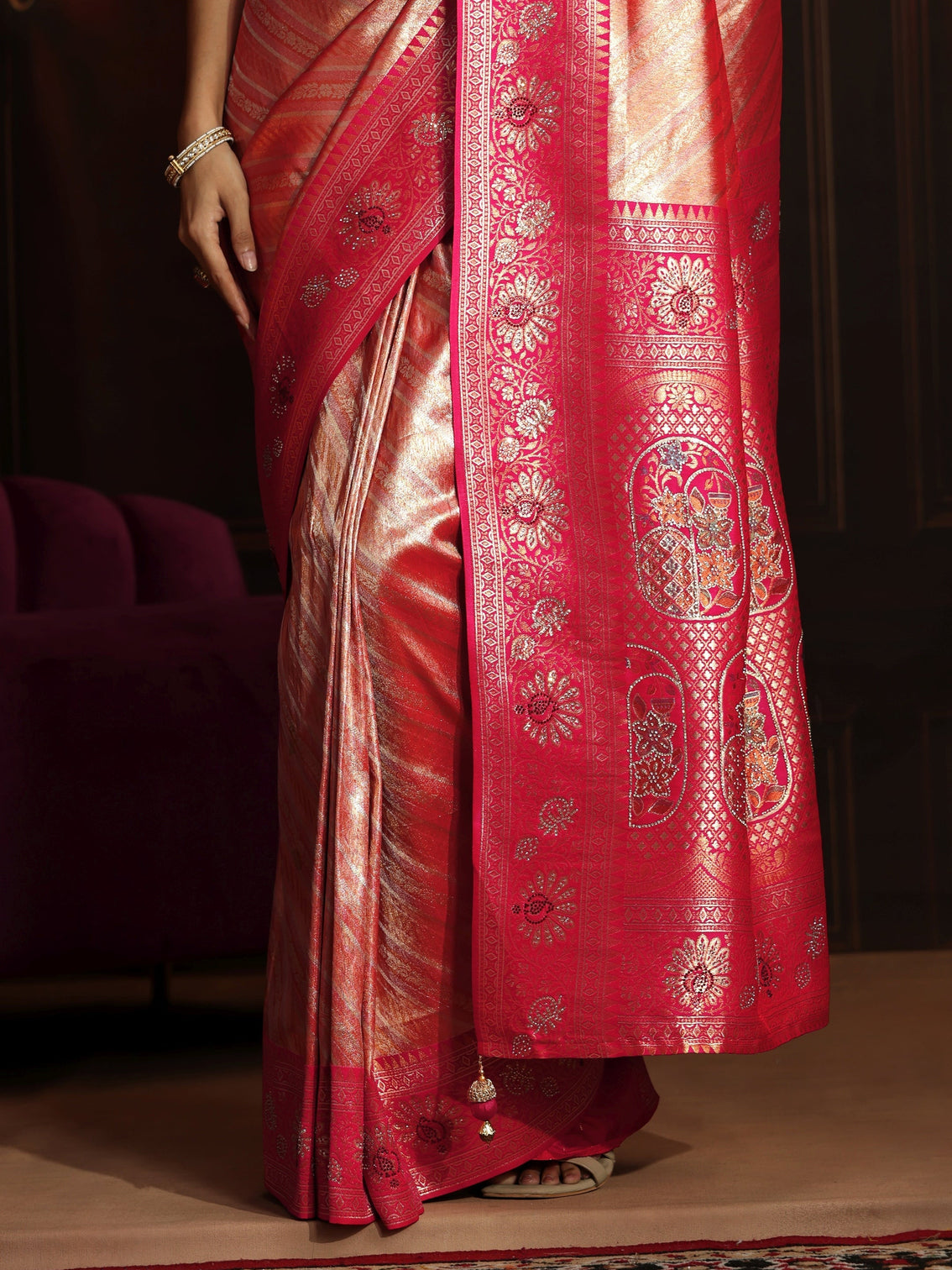 Mameraa Peach Pink Woven Design Silk Blend Saree